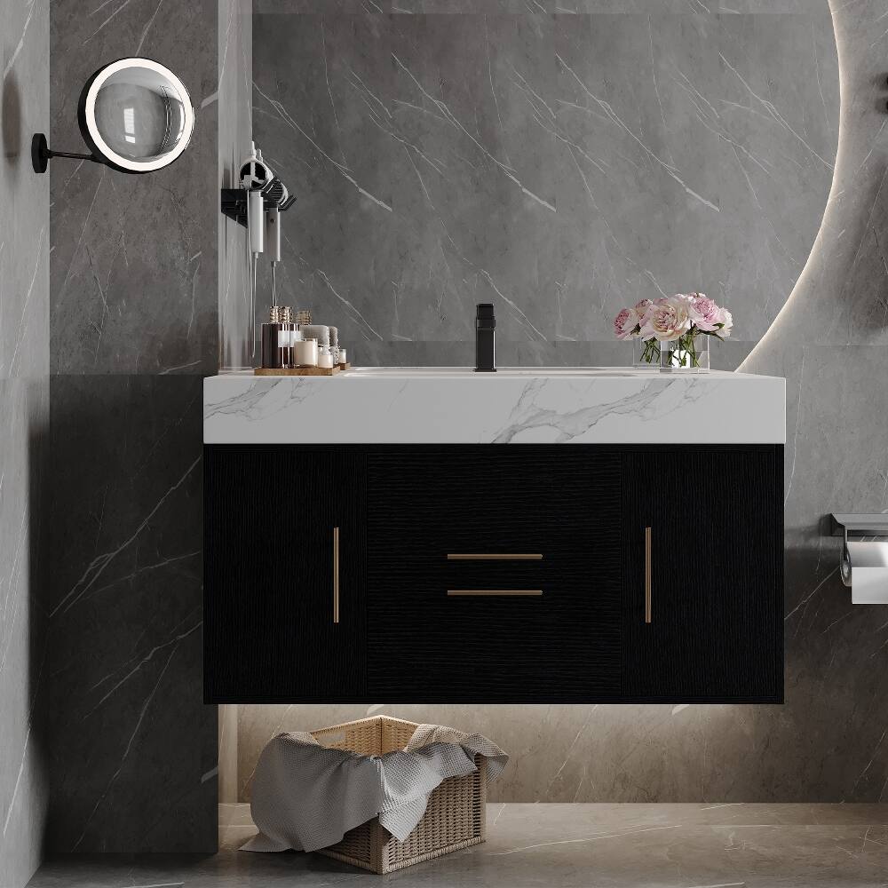 Left. Loheer - Loheer 39.4 inch wall mounted bathroom vanity waterproof plywood cabinet with ceramic basin - Black, White.