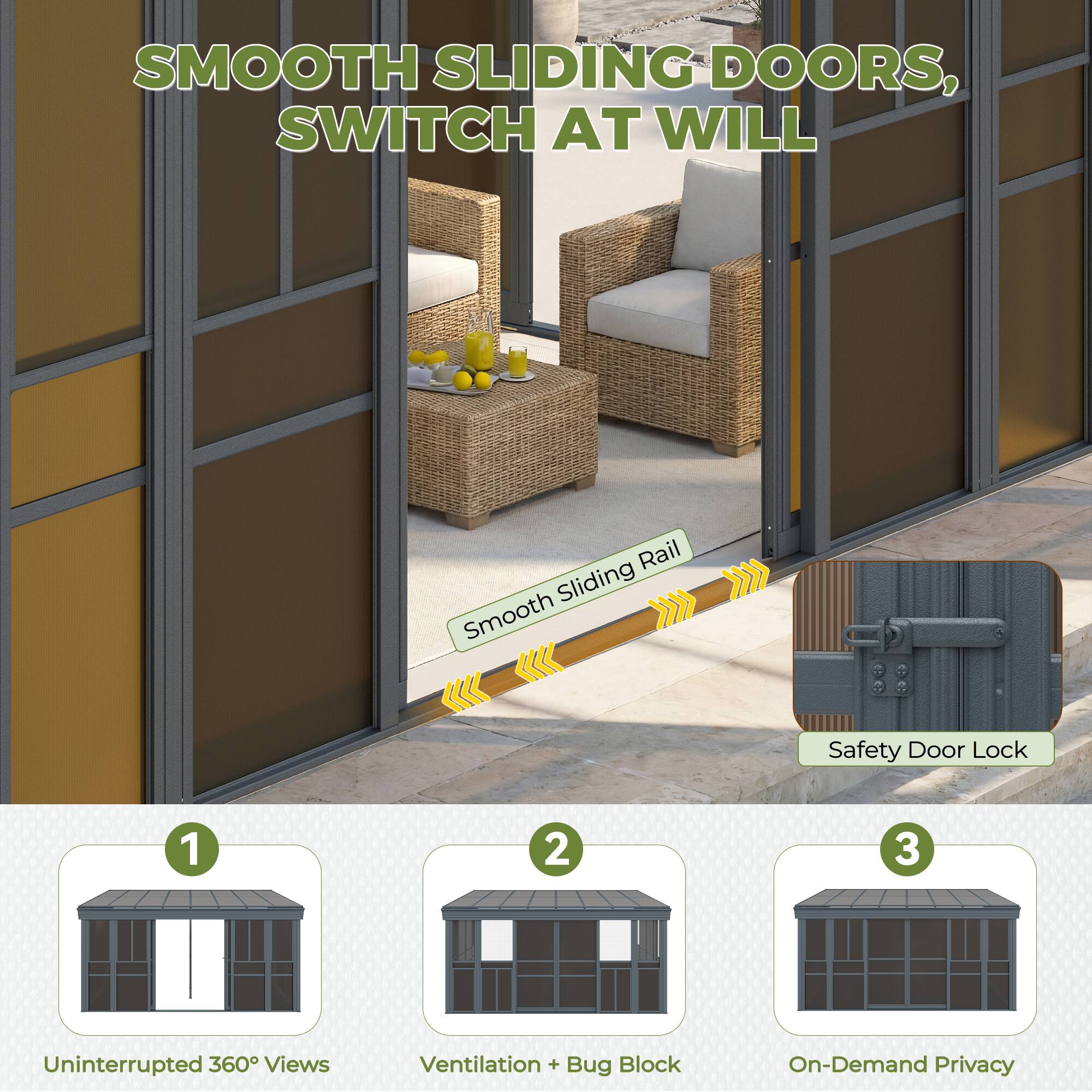 SMOOTH SLIDING DOORS, SWITCH AT WILL

1. Uninterrupted 360° Views
2. Ventilation + Bug Block
3. On-Demand Privacy

Smooth Sliding Rail
Safety Door Lock