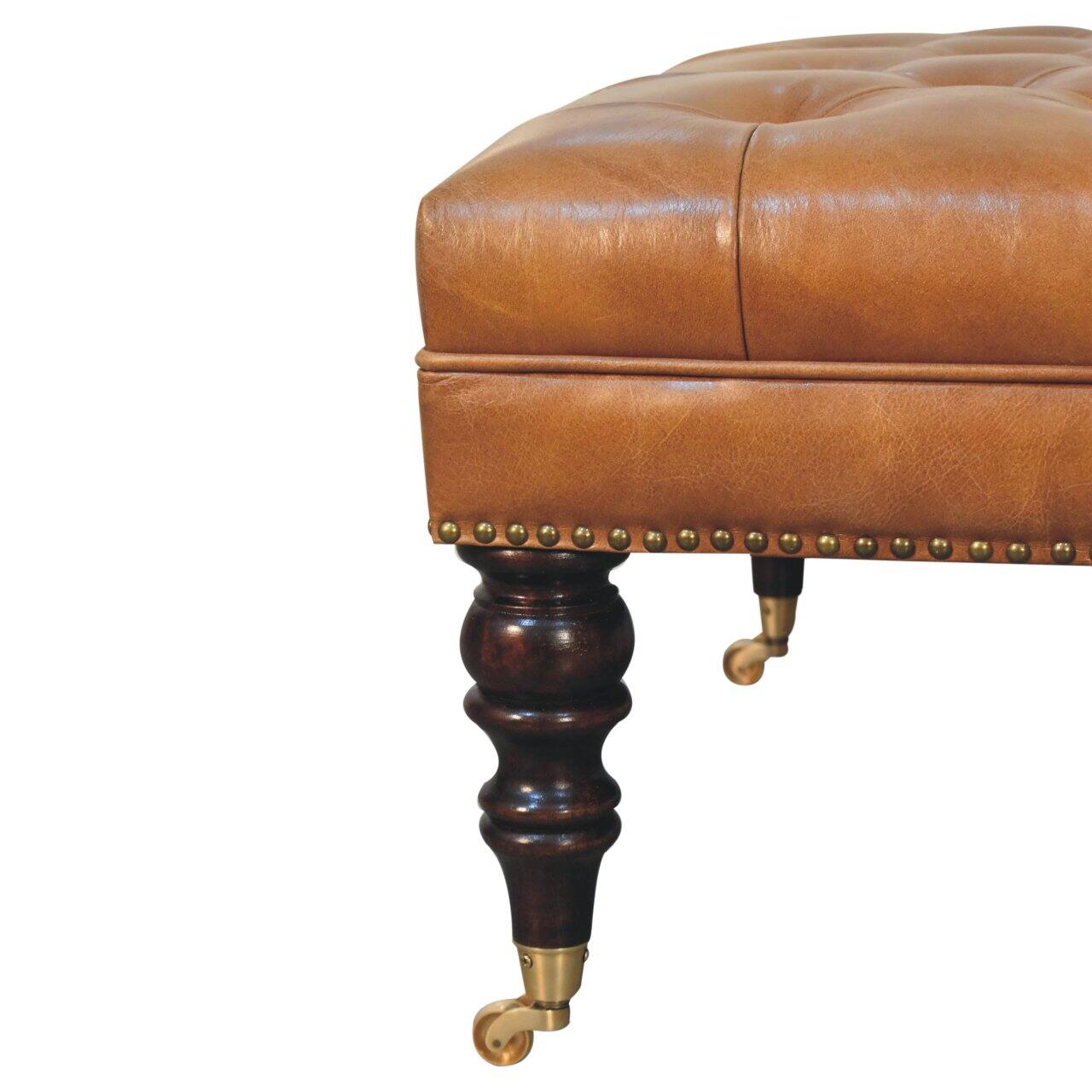 Alt View 5. Artisan Furniture - Artisan Furniture Solid Wood Studded Buffalo Tan Leather Ottoman with Castor Legs, Upholstered, Brown - Brown.