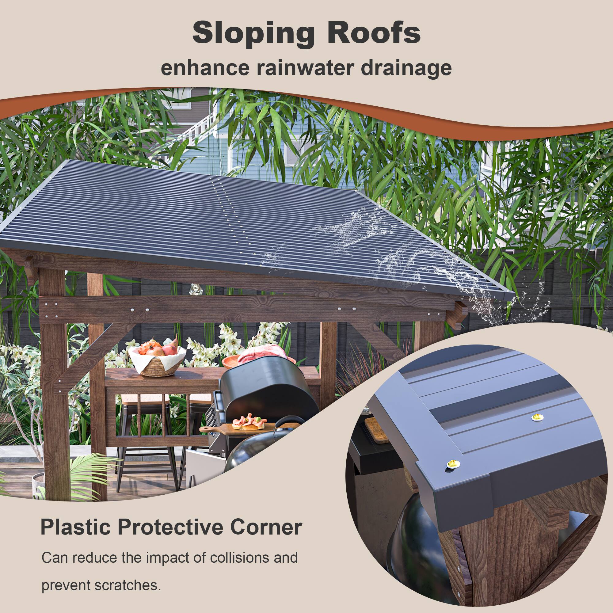 Sloping Roofs enhance rainwater drainage. Plastic Protective Corner can reduce the impact of collisions and prevent scratches.