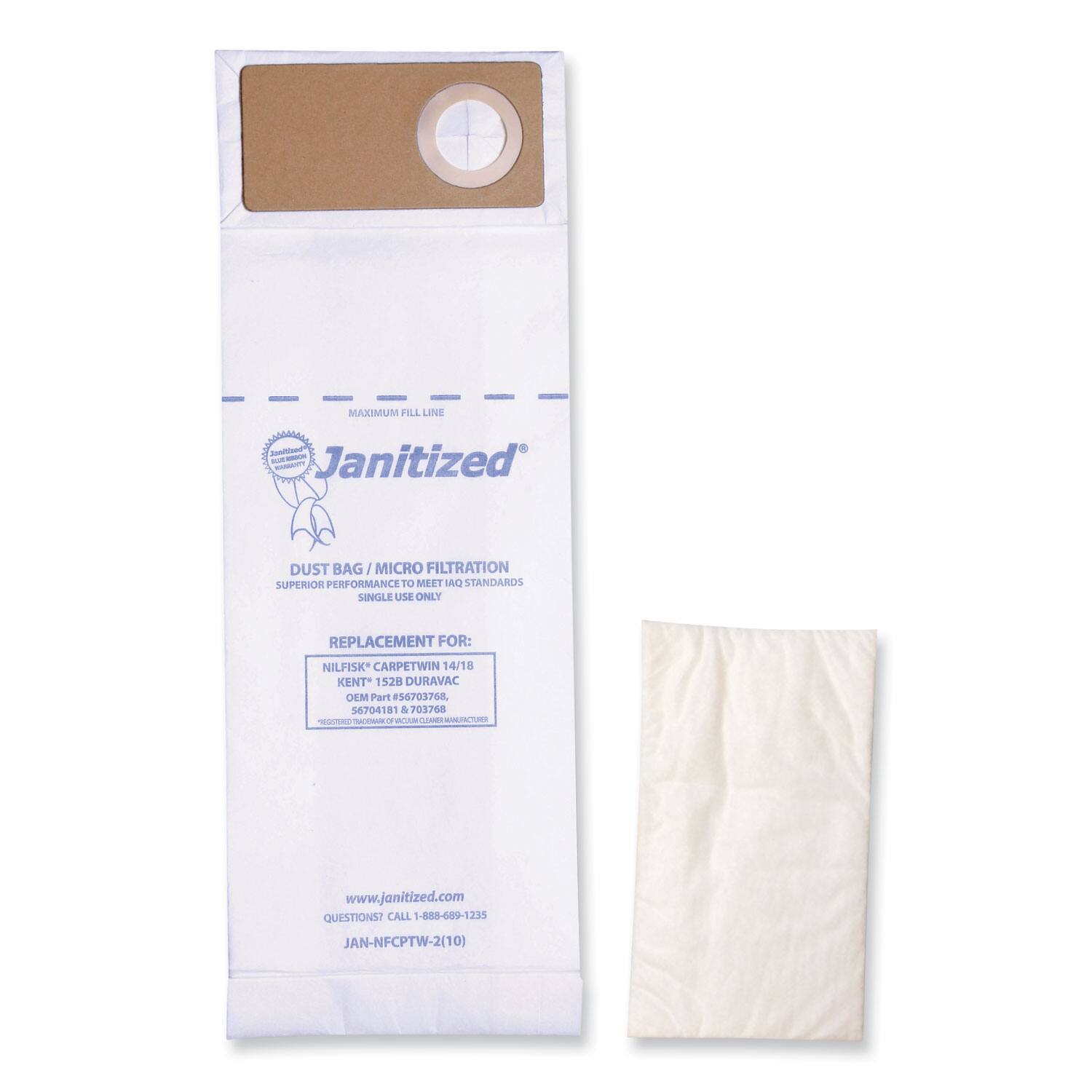 MAXIMUM FILL LINE

Janitized

DUST BAG / MICRO FILTRATION  
SUPERIOR PERFORMANCE TO MEET IAQ STANDARDS  
SINGLE USE ONLY

REPLACEMENT FOR:  
NILFISK CARPETWIN 14/18  
KENT 1528 DURAVAC  
OEM Part 50703760, 30704101 & 701768

www.janitized.com  
QUESTIONS? CALL 1-888-699-1235  
JAN-NFCPTW-2(10)