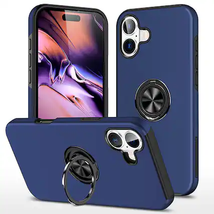 Front. Entronix - Entronix iPhone 16 Plus Case with 360° Circular Ring Gripstand for Maximum Protection - Navy.