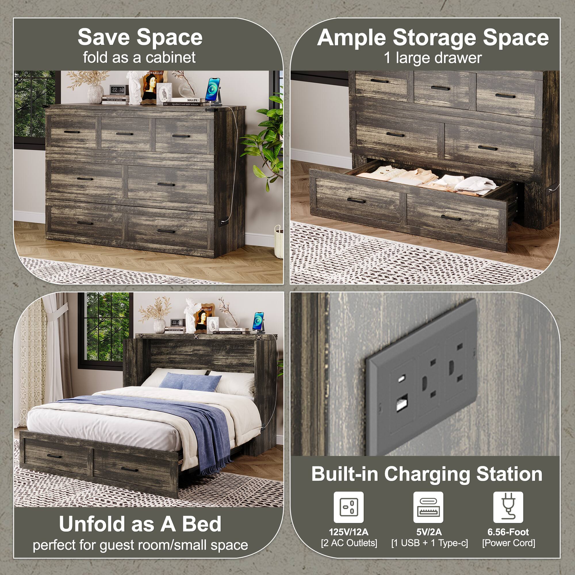 - Save Space  
  fold as a cabinet

- Ample Storage Space  
  1 large drawer

- Unfold as A Bed  
  perfect for guest room/small space

- Built-in Charging Station  
  125V/12A [2 AC Outlets]  
  5V/2A [1 USB + 1 Type-c]  
  6.56-Foot [Power Cord]