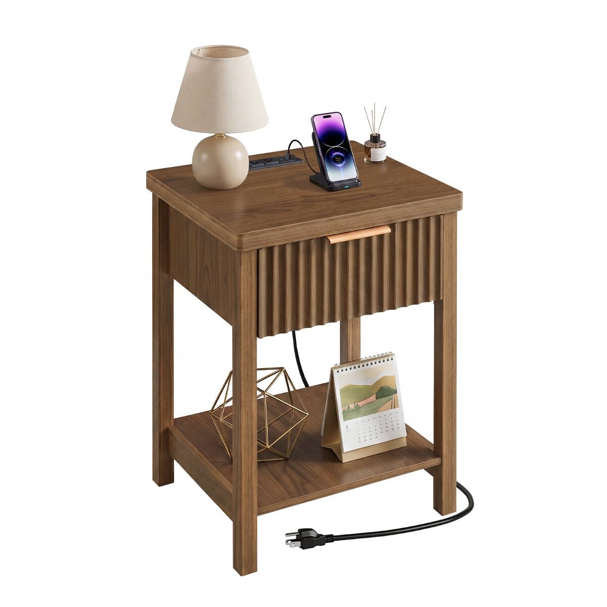 Alt View 6. Loheer - Loheer Fluted Wood Nightstand Set of 2, Walnut Bedside Tables with Charging Station - Walnut.