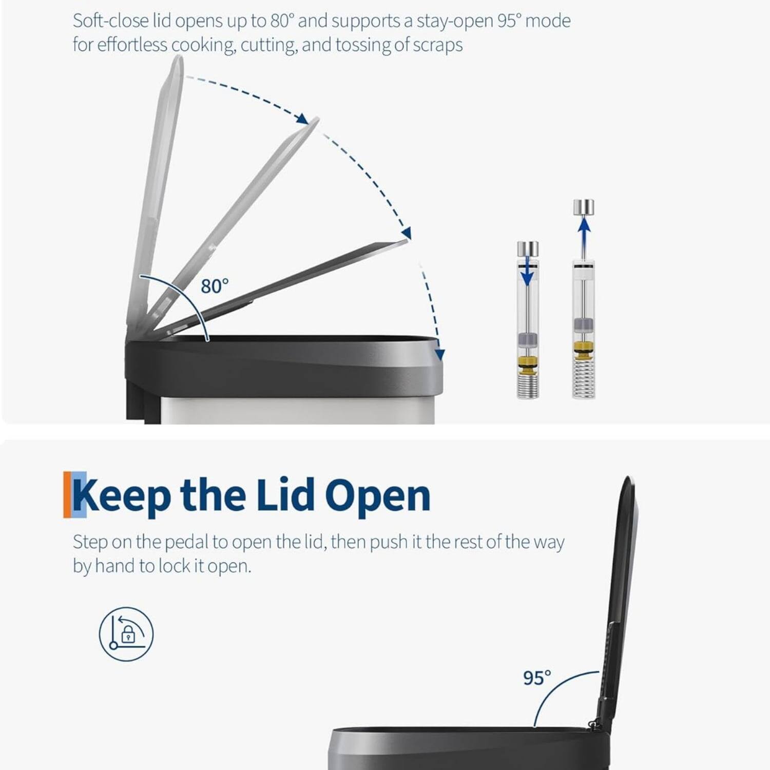 Soft-close lid opens up to 80° and supports a stay-open 95° mode for effortless cooking, cutting, and tossing of scraps

Keep the Lid Open
Step on the pedal to open the lid, then push it the rest of the way by hand to lock it open.