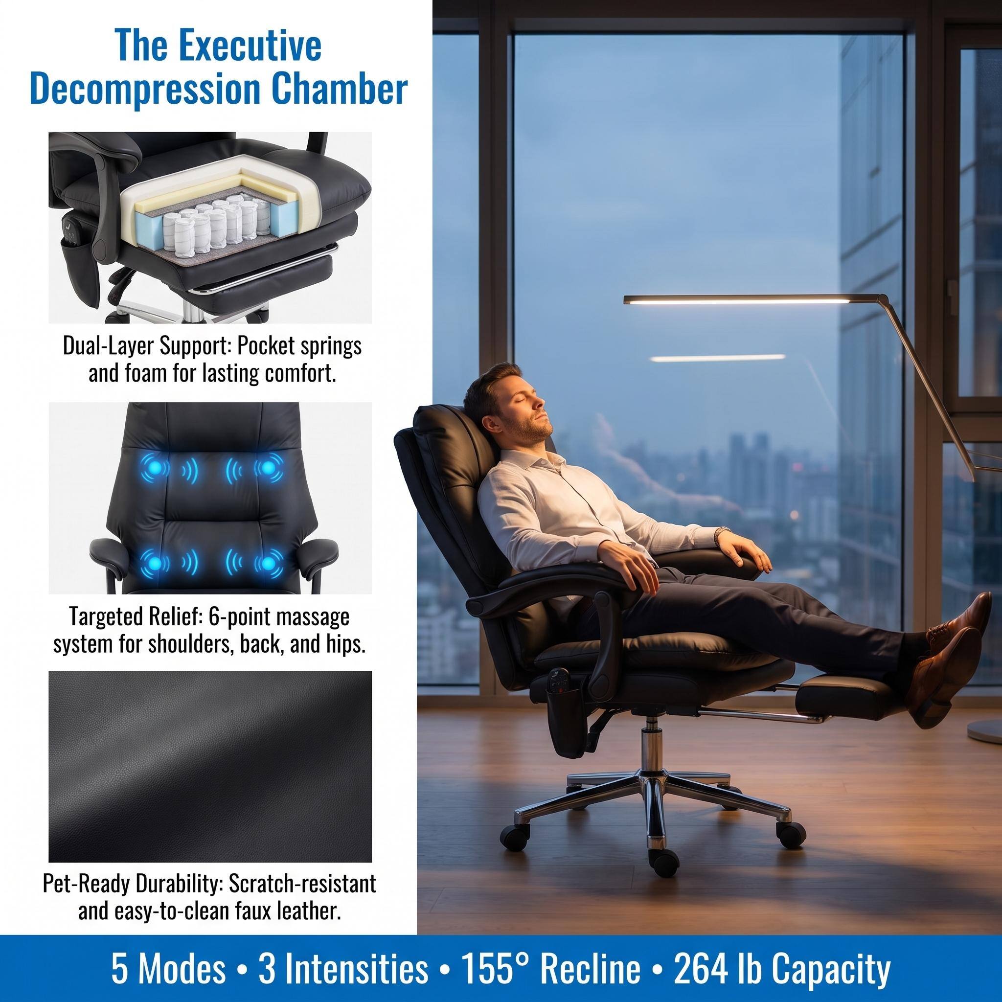 The Executive Decompression Chamber

Dual-Layer Support: Pocket springs and foam for lasting comfort.

Targeted Relief: 6-point massage system for shoulders, back, and hips.

Pet-Ready Durability: Scratch-resistant and easy-to-clean faux leather.

5 Modes • 3 Intensities • 155° Recline • 264 lb Capacity