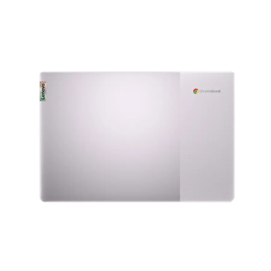 The image features a white Lenovo Chromebook laptop computer.