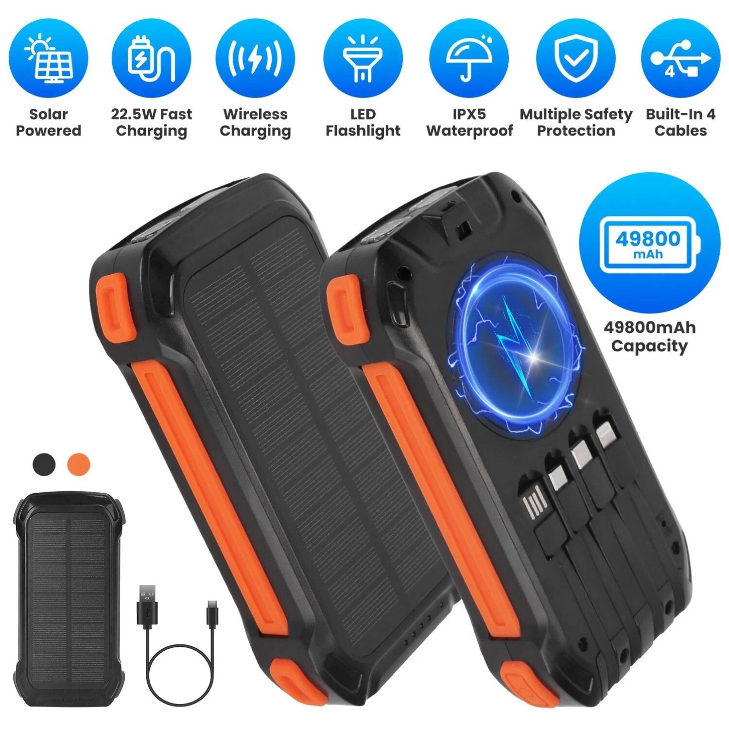 - Solar Powered
- 22.5W Fast Charging
- Wireless Charging
- LED Flashlight
- IPX5 Waterproof
- Multiple Safety Protection
- Built-In 4 Cables
- 49800mAh Capacity