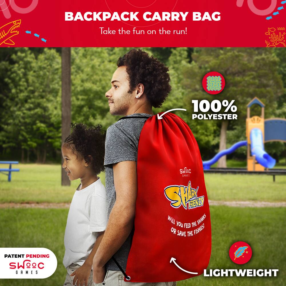 **BACKPACK CARRY BAG**  
Take the fun on the run!

**100% POLYESTER**

**PATENT PENDING**  
SWOOC GAMES

**SHARK FRENZY**  
Will you feed the sharks or save the fishies?

**LIGHTWEIGHT**