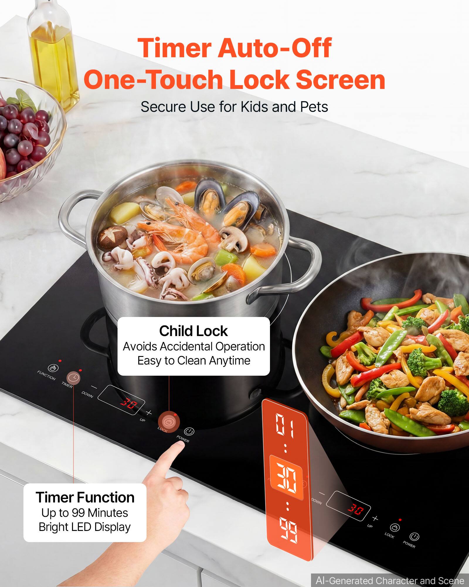Timer Auto-Off One-Touch Lock Screen  
Secure Use for Kids and Pets  

Child Lock  
Avoids Accidental Operation  
Easy to Clean Anytime  

Timer Function  
Up to 99 Minutes  
Bright LED Display  

AI-Generated Character and Scene