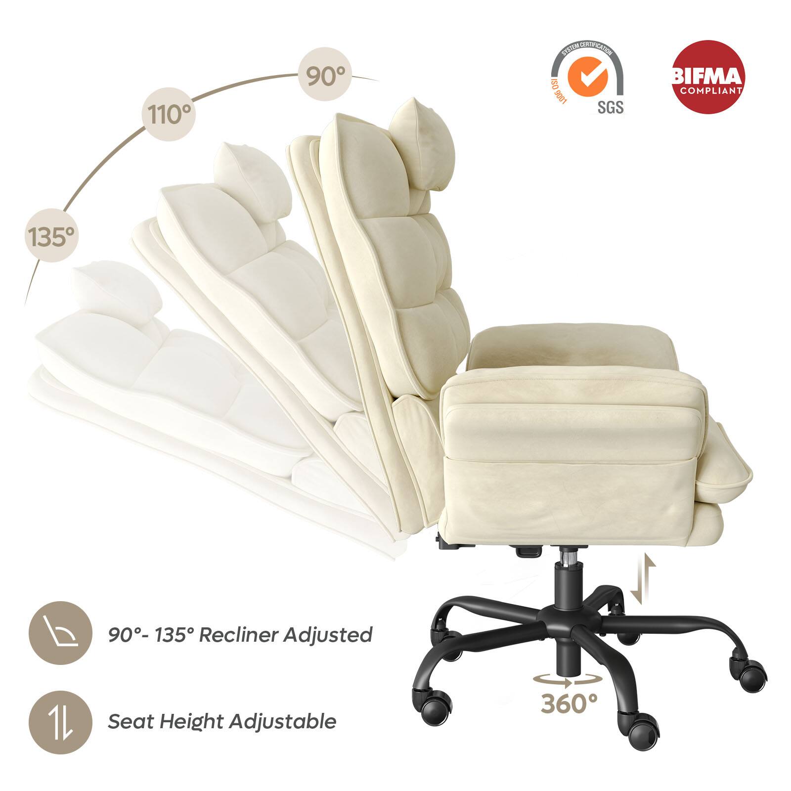 The text on the image is grouped and corrected as follows:

1. 110 90 T: 110 90 T Recliner Adjusted 1L Seat Height Adjustable 360
2. 150 9001 SGS BIFMA COMPLIANT: 150 9001 SGS BIFMA COMPLIANT 1L Seat Height Adjustable 360
3. 135 90-135: 135 90-135 Recliner Adjusted 1L Seat Height Adjustable 360