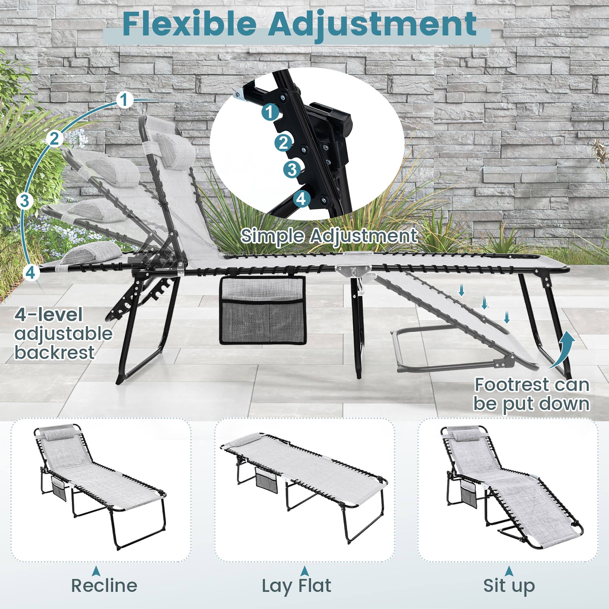 Flexible Adjustment

1. Simple Adjustment
2. 4-level adjustable backrest
3. Footrest can be put down

Recline
Lay Flat
Sit up