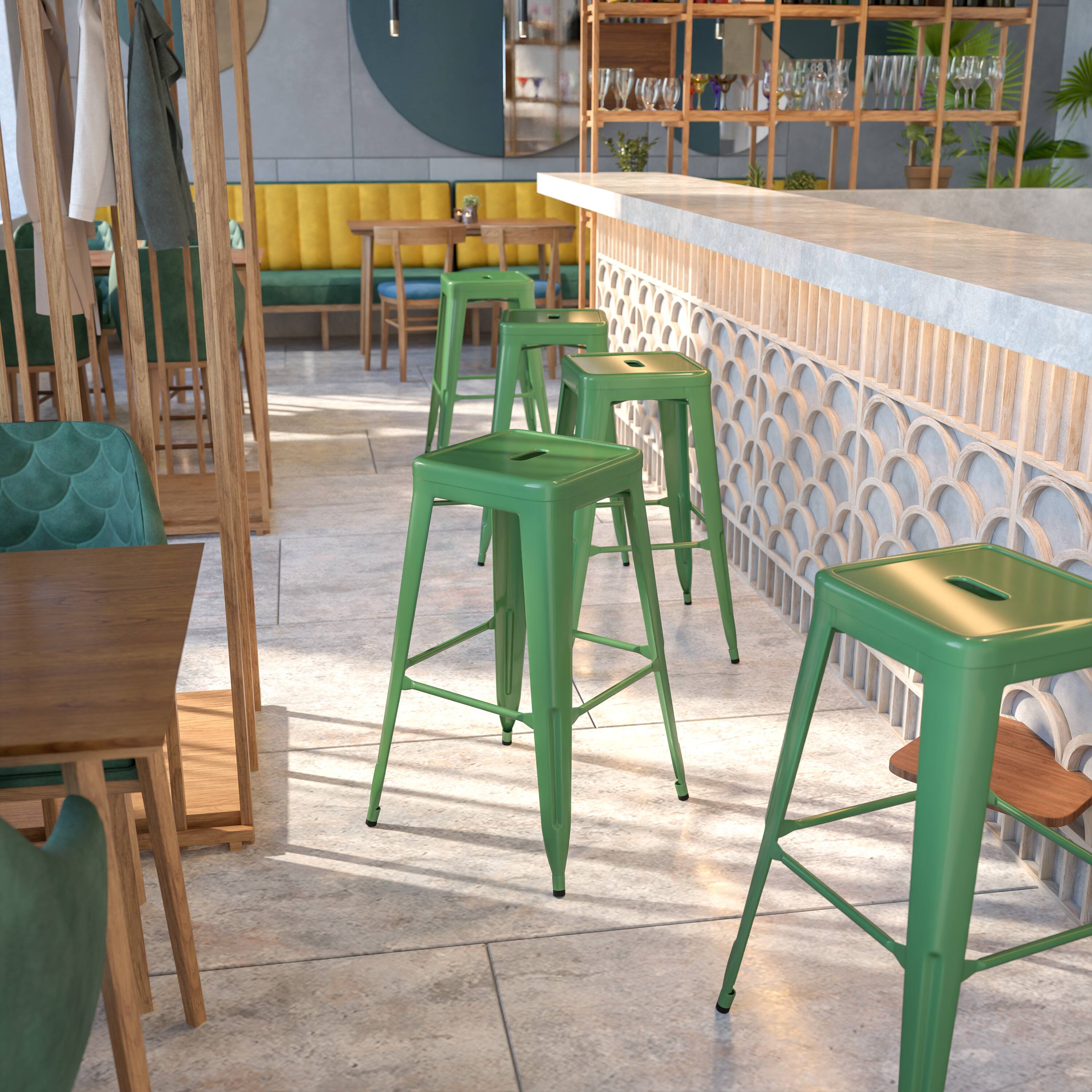 Alt View 1. Emma + Oliver - Commercial Grade 30"H Backless Metal Indoor-Outdoor Barstool with Square Seat - Green.