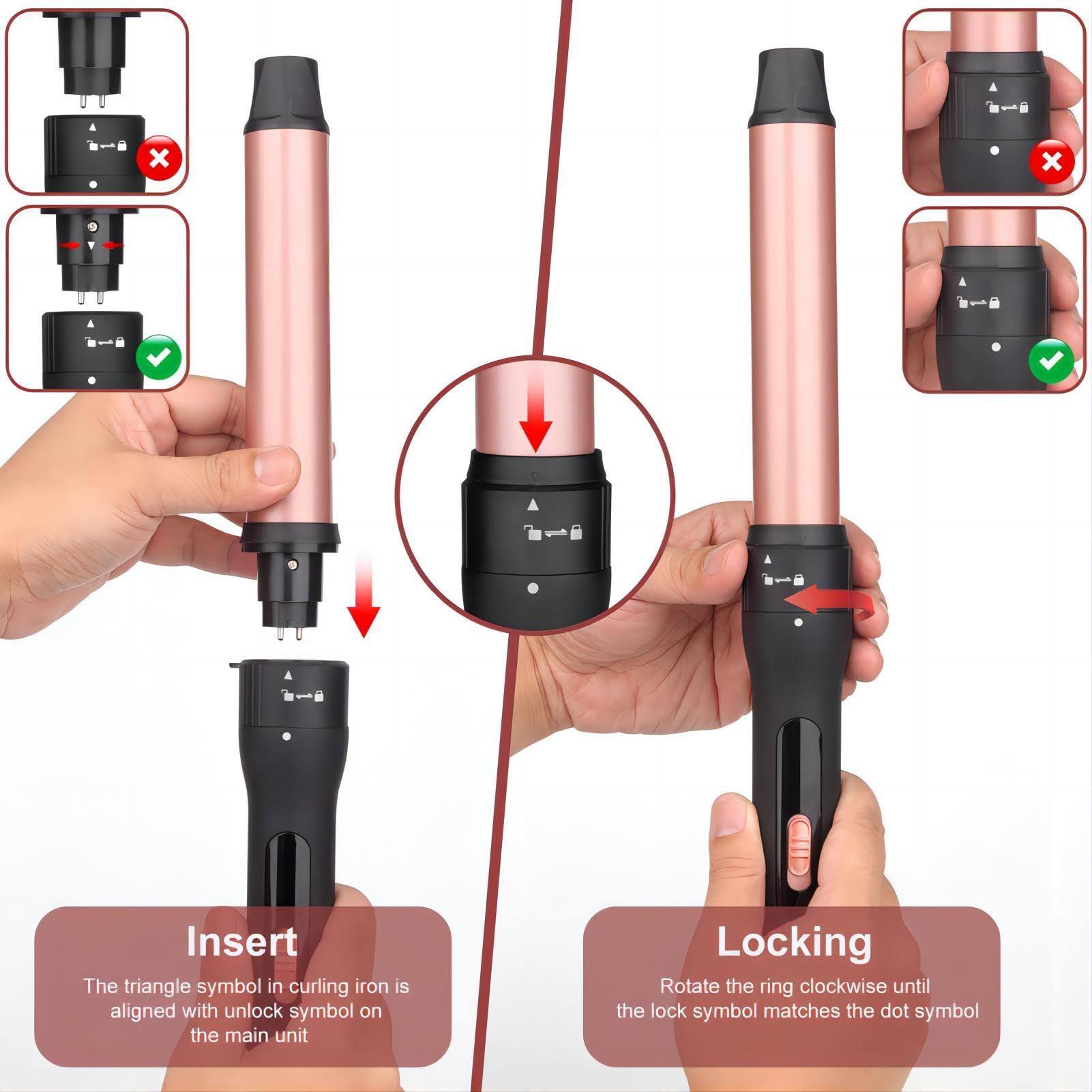 Insert  
The triangle symbol in curling iron is aligned with unlock symbol on the main unit  

Locking  
Rotate the ring clockwise until the lock symbol matches the dot symbol