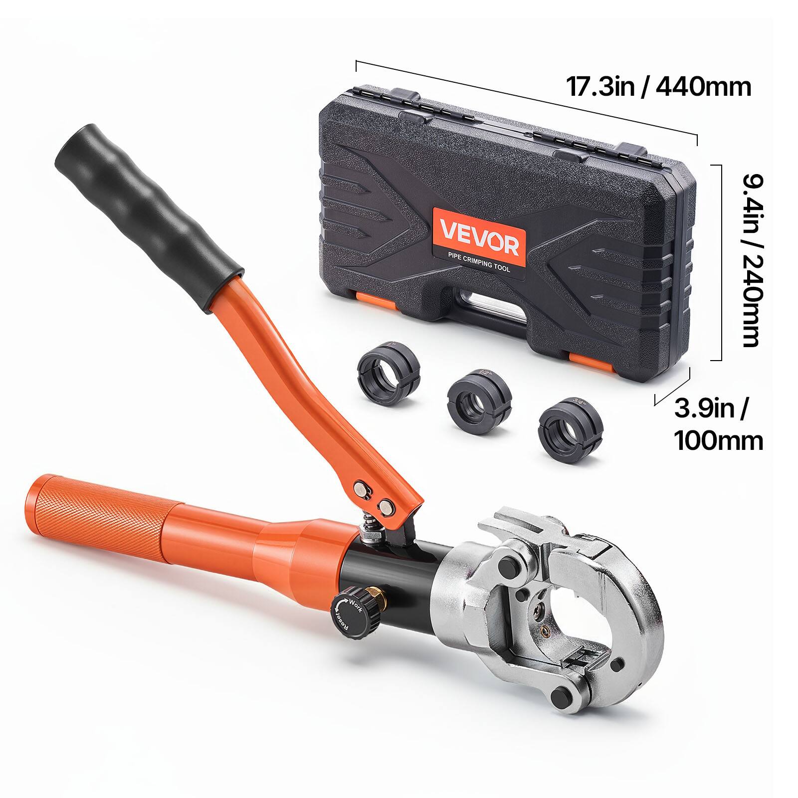 17.3in / 440mm  
9.4in / 240mm  
3.9in / 100mm  

VEVOR PIPE CRIMPING TOOL