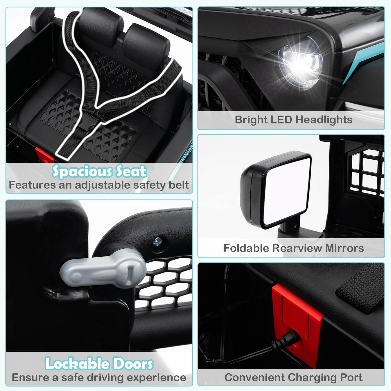 - Spacious Seat  
  Features an adjustable safety belt

- Bright LED Headlights

- Foldable Rearview Mirrors

- Lockable Doors  
  Ensure a safe driving experience

- Convenient Charging Port