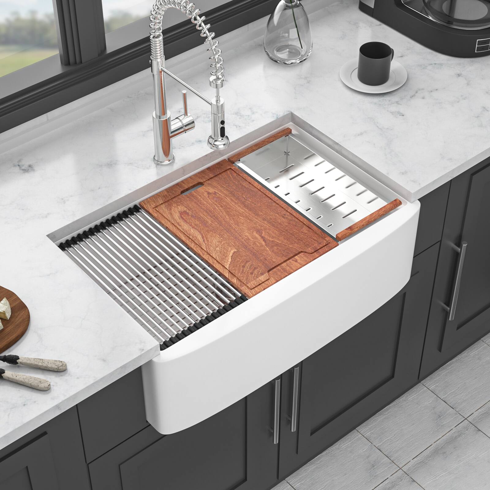 Front. Siljoy - White Farmhouse Sink Workstation - 33 x 21 x 10 inch White Porcelain Ceramic Single Bowl Farm Kitchen Sink - White.