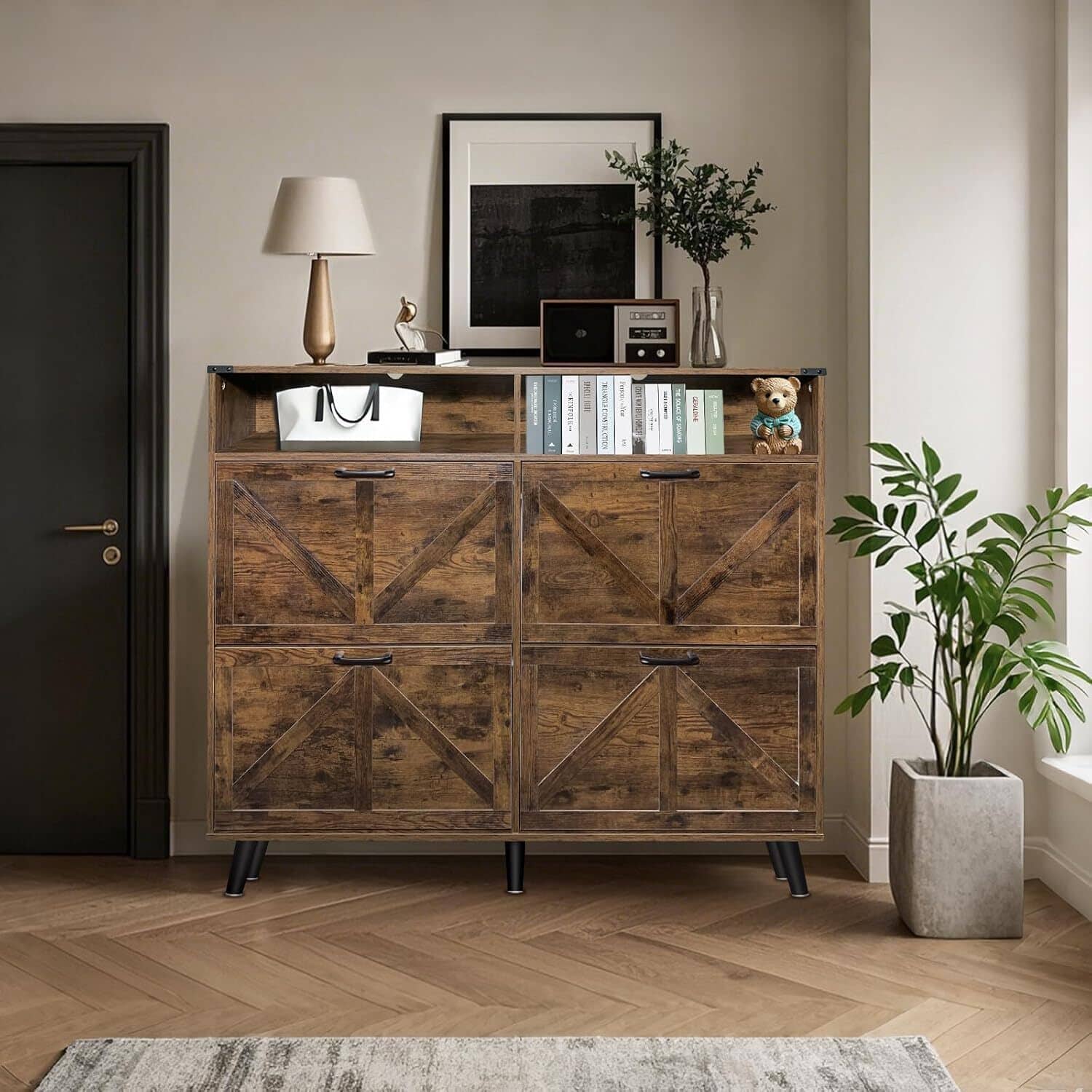 Qeetex - Wooden Shoe Storage Cabinet for Entryway, with 4 Flip-Up Drawers & Open Shelf, Farmhouse Slim Shoe Cabinet - Brown