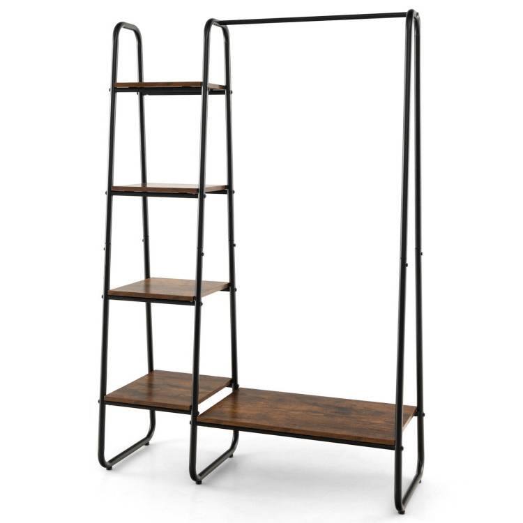 Back. Hivvago - Industrial Wood Metal Garment Rack Clothes Hanging Bar with Storage Shelves - Rustic Brown.