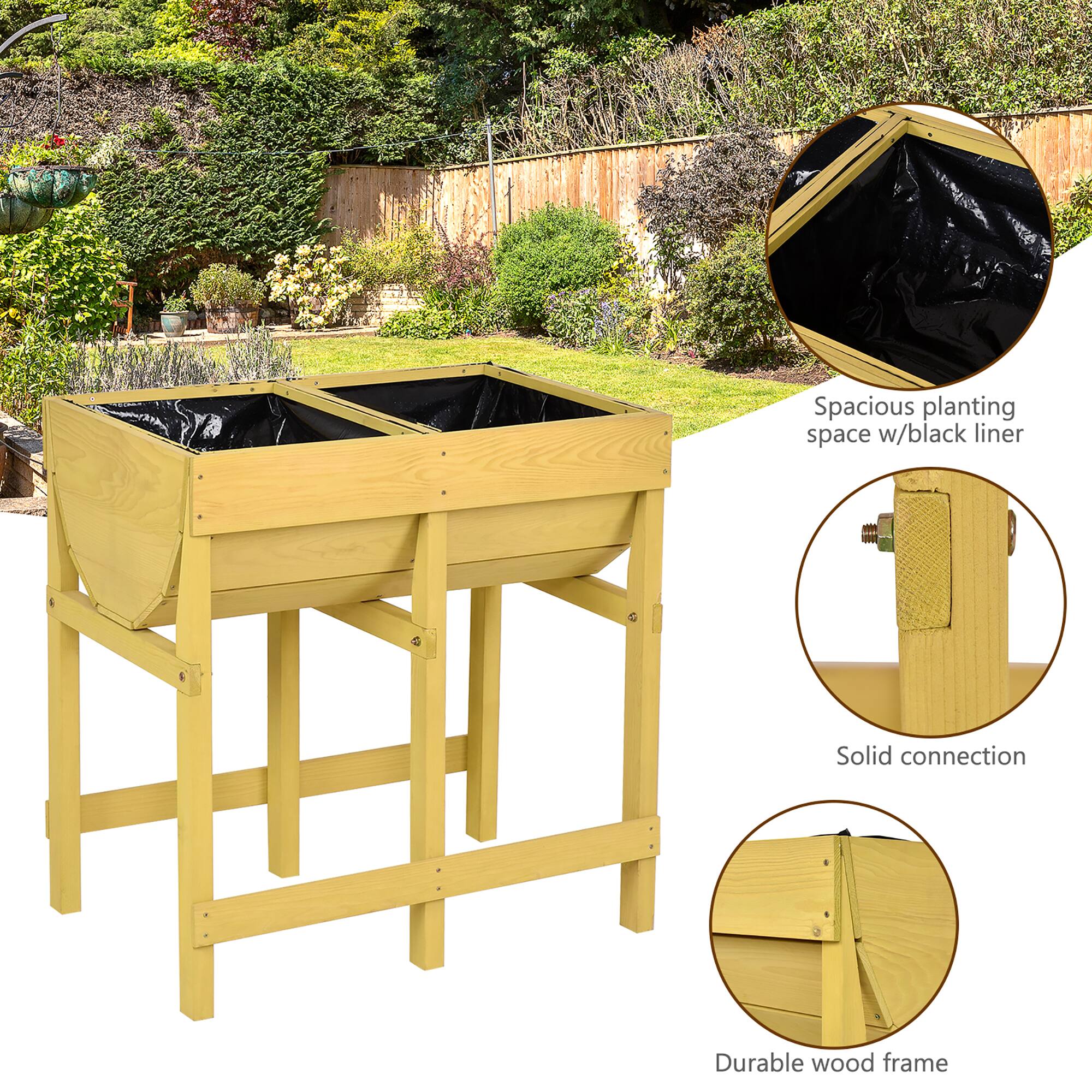 Spacious planting space with black liner, solid connection, and durable wood frame.