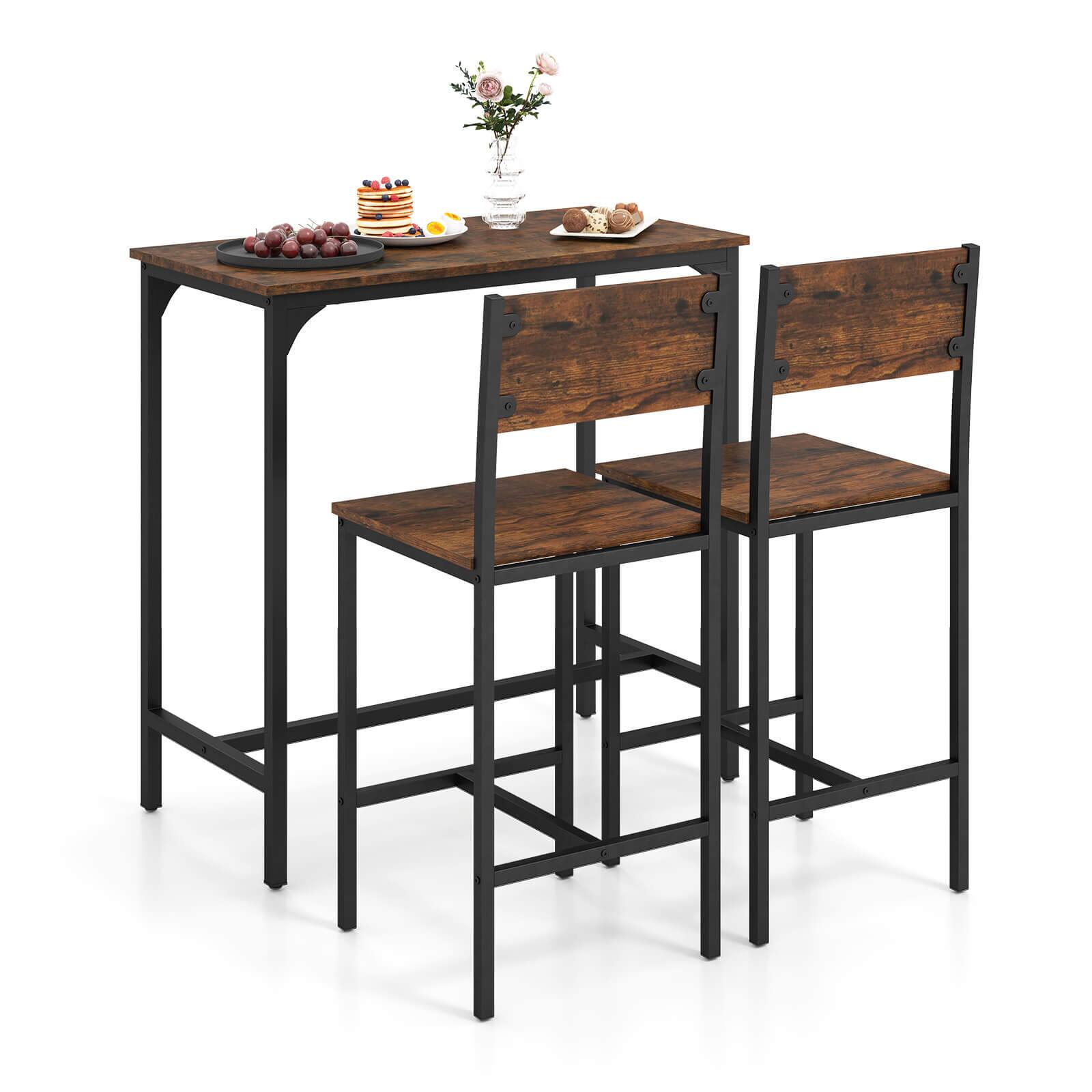 Front. Costway - Costway 3 PCS Bar Table Set Pub Dining Table & 2 Bar Stools with Backrest & Footrest - Brown.