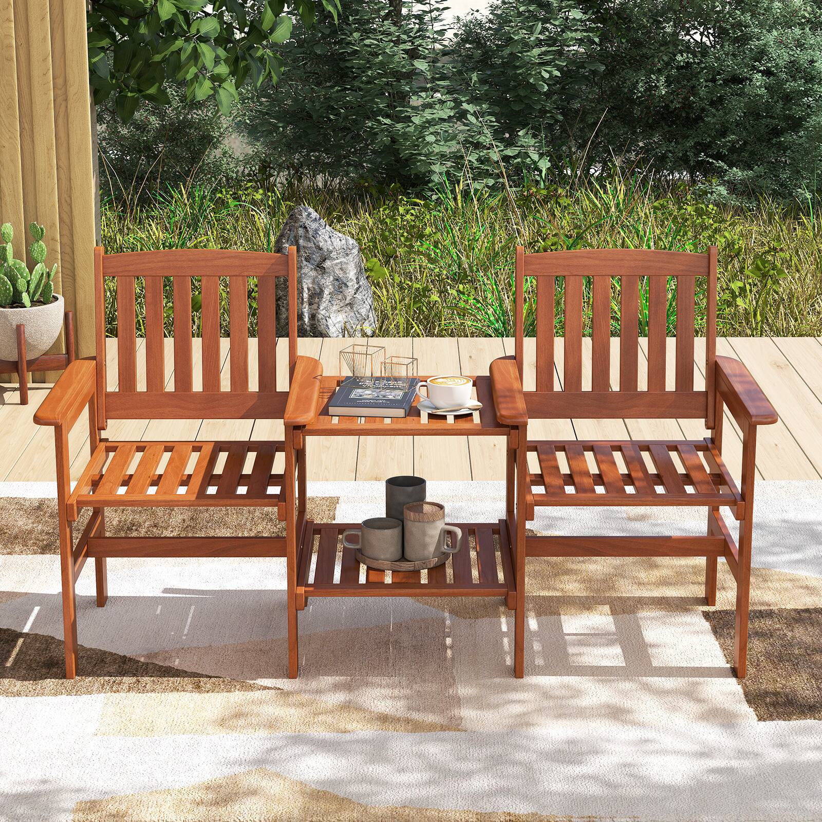 Alt View 7. Gymax - Gymax Outdoor Wood Bench Loveseat w/ Built-in Table 1.57'' Umbrella Hole for Porch - Natural.