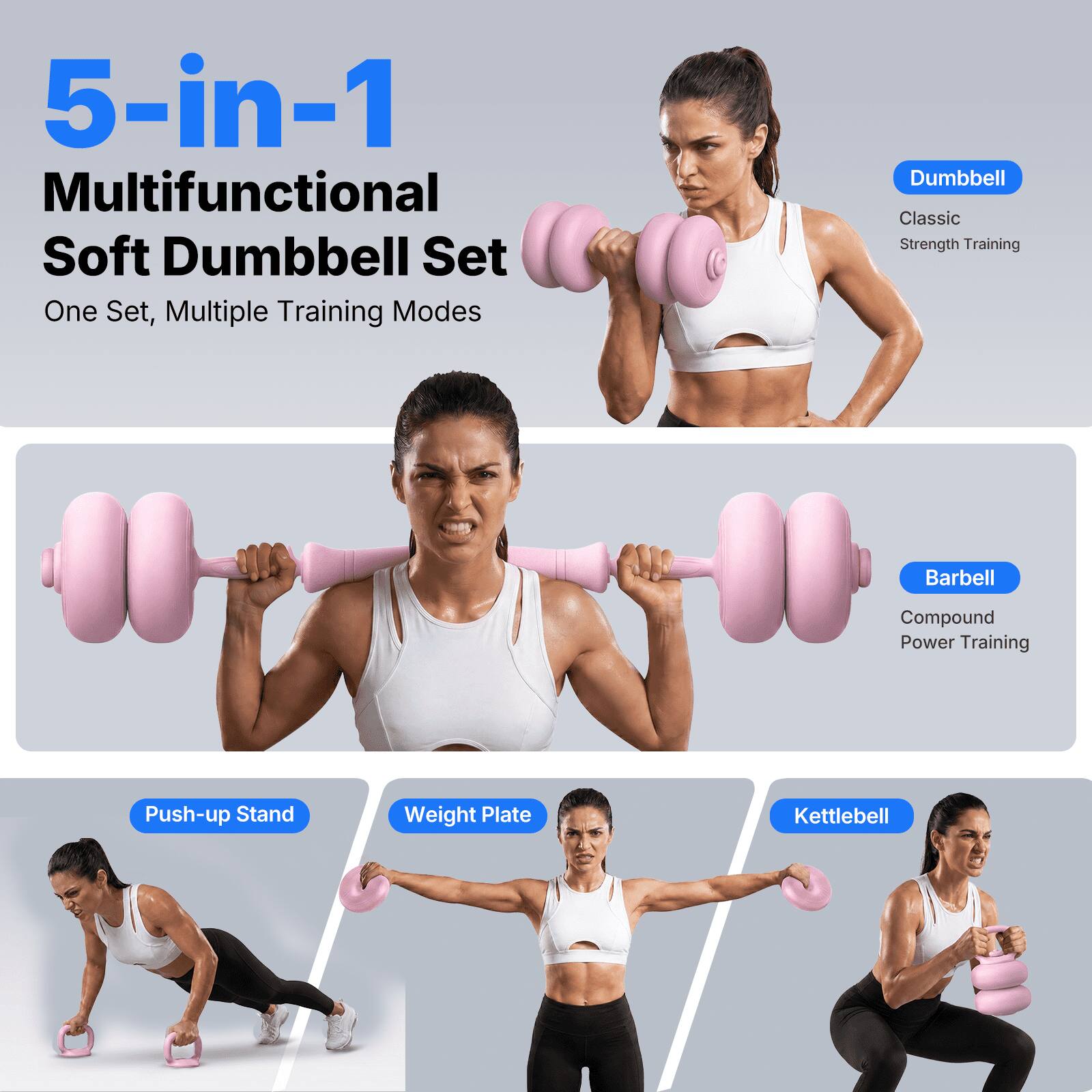 5-in-1 Multifunctional Soft Dumbbell Set

One Set, Multiple Training Modes

- Dumbbell: Classic Strength Training
- Barbell: Compound Power Training
- Push-up Stand
- Weight Plate
- Kettlebell