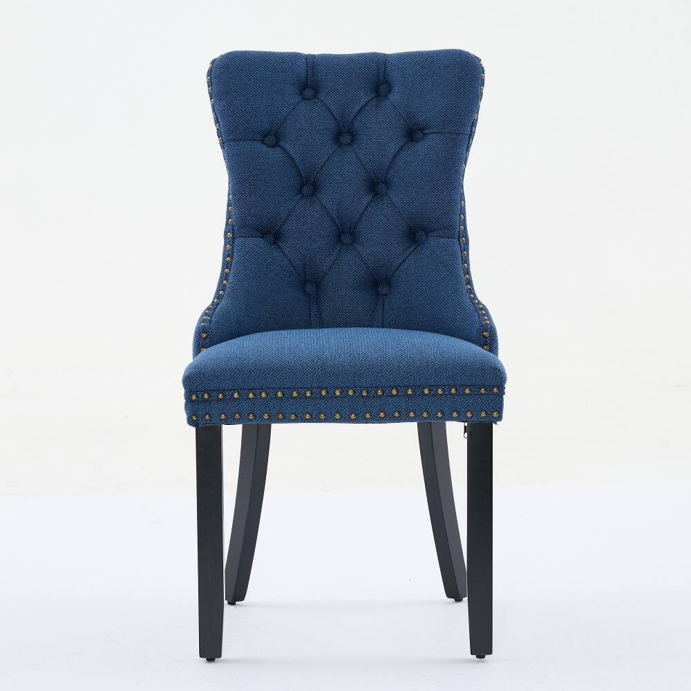 Angle. Loheer - Loheer Blue Linen Dining Chairs Set of 2 Tufted Upholstered High Back Solid Wood Legs Nailhead Trim Modern Contemporary - Blue.