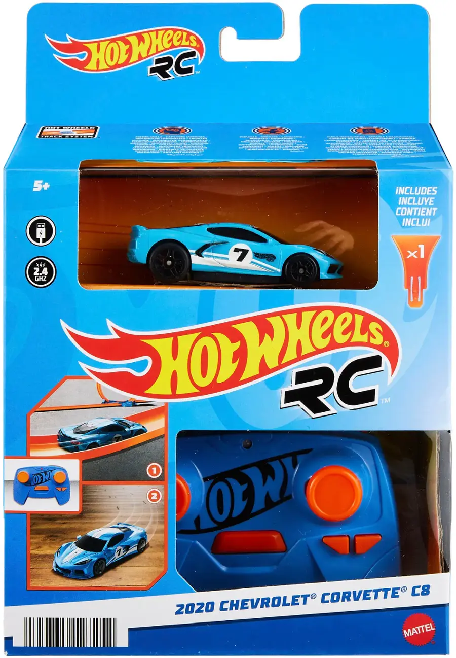 Hot Wheels RC - 2020 Chevrolet Corvette C8 - Blue - Includes 7" x 1" 2.4 GHZ Remote Control - Hot Wheels RC TM 1:1 Scale Die-Cast Car - 1:1 Wheelie CORVETTE C8 2020 CHEVROLET MATTEL