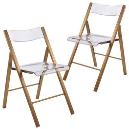 LeisureMod - Menno Brushed Gold Acrylic Folding Dining Chair with Waterfall Seat & Stainless Steel Frame - Set of 2