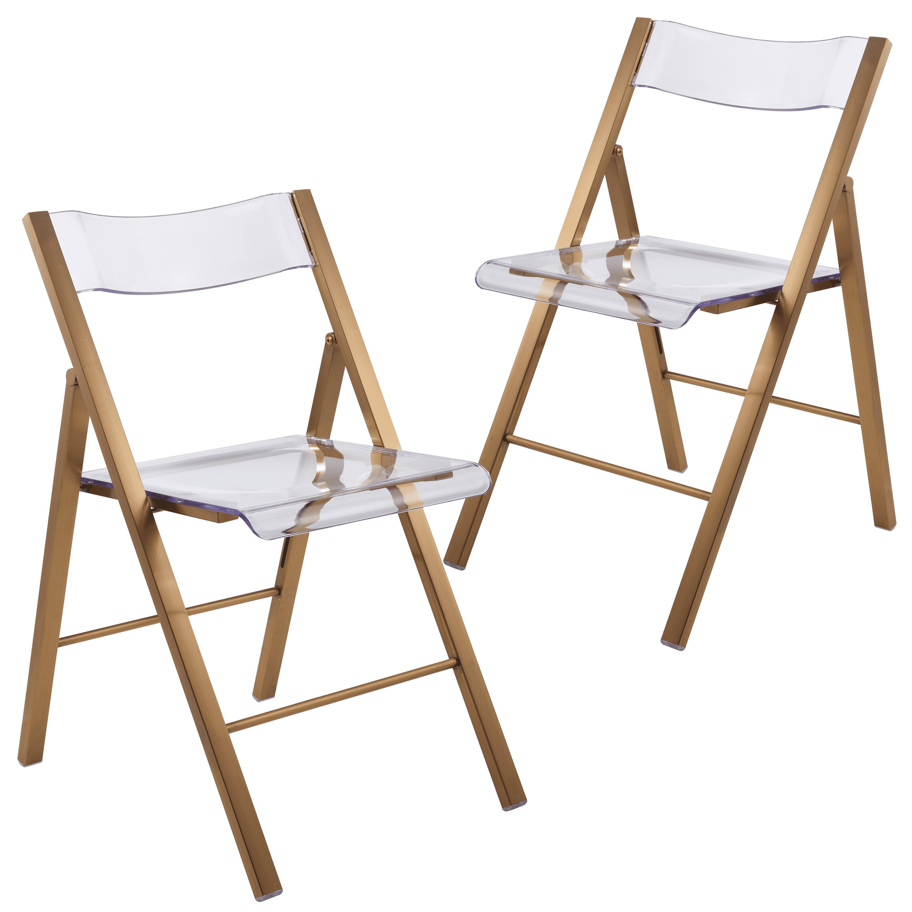Front. LeisureMod - Menno Brushed Gold Acrylic Folding Dining Chair with Waterfall Seat & Stainless Steel Frame - Set of 2.
