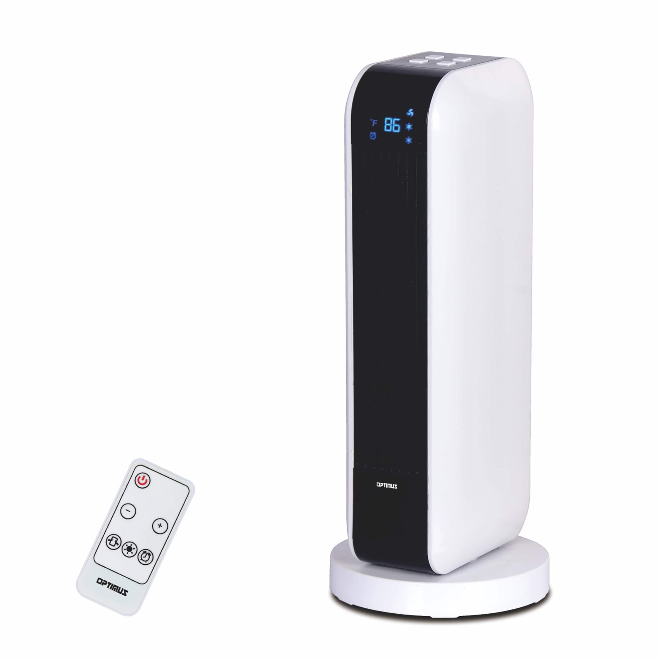 Optimus - 17 in. Oscillating Tower Heater w/ Remote, Digital Temperature Readout & Setting - White