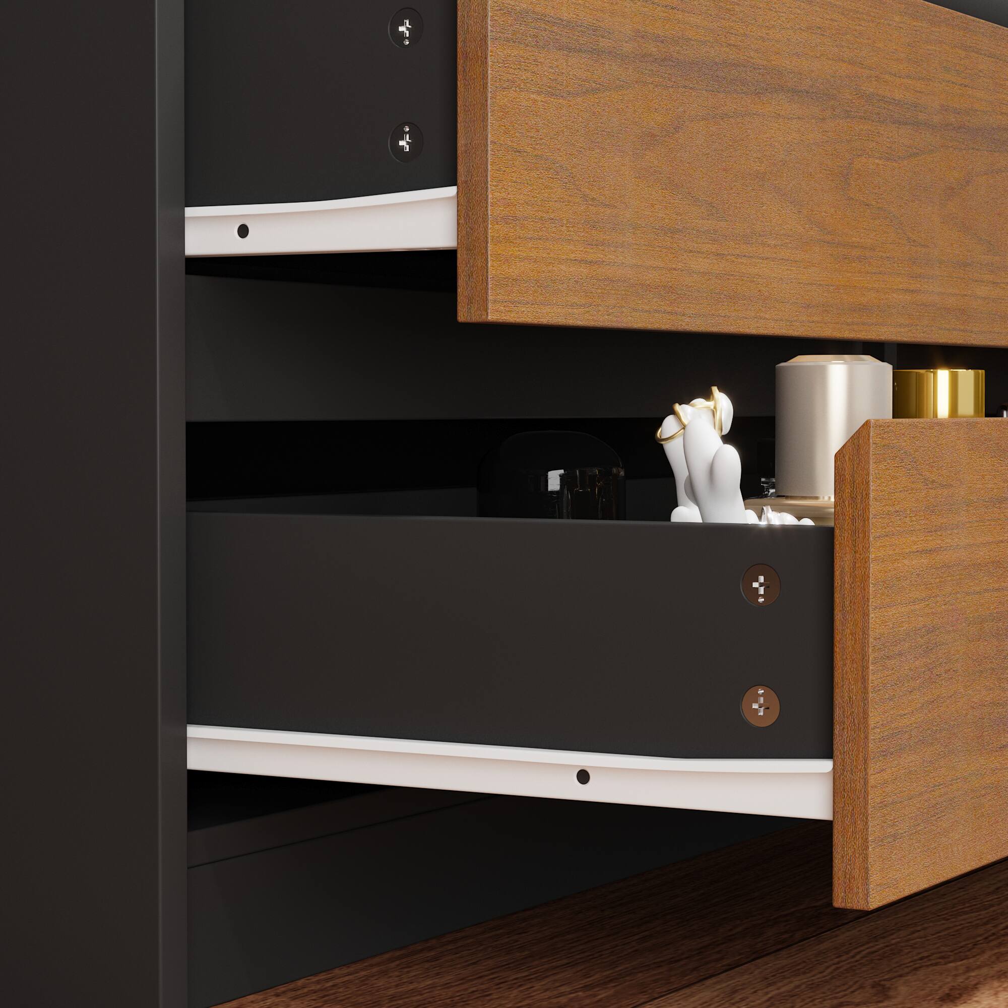 Alt View 4. Famapy - Famapy Mid - Century Modern Bookcase with Glass Doors: Multi - Storage Shelves & Drawers for Home Office - Wooden & Black.