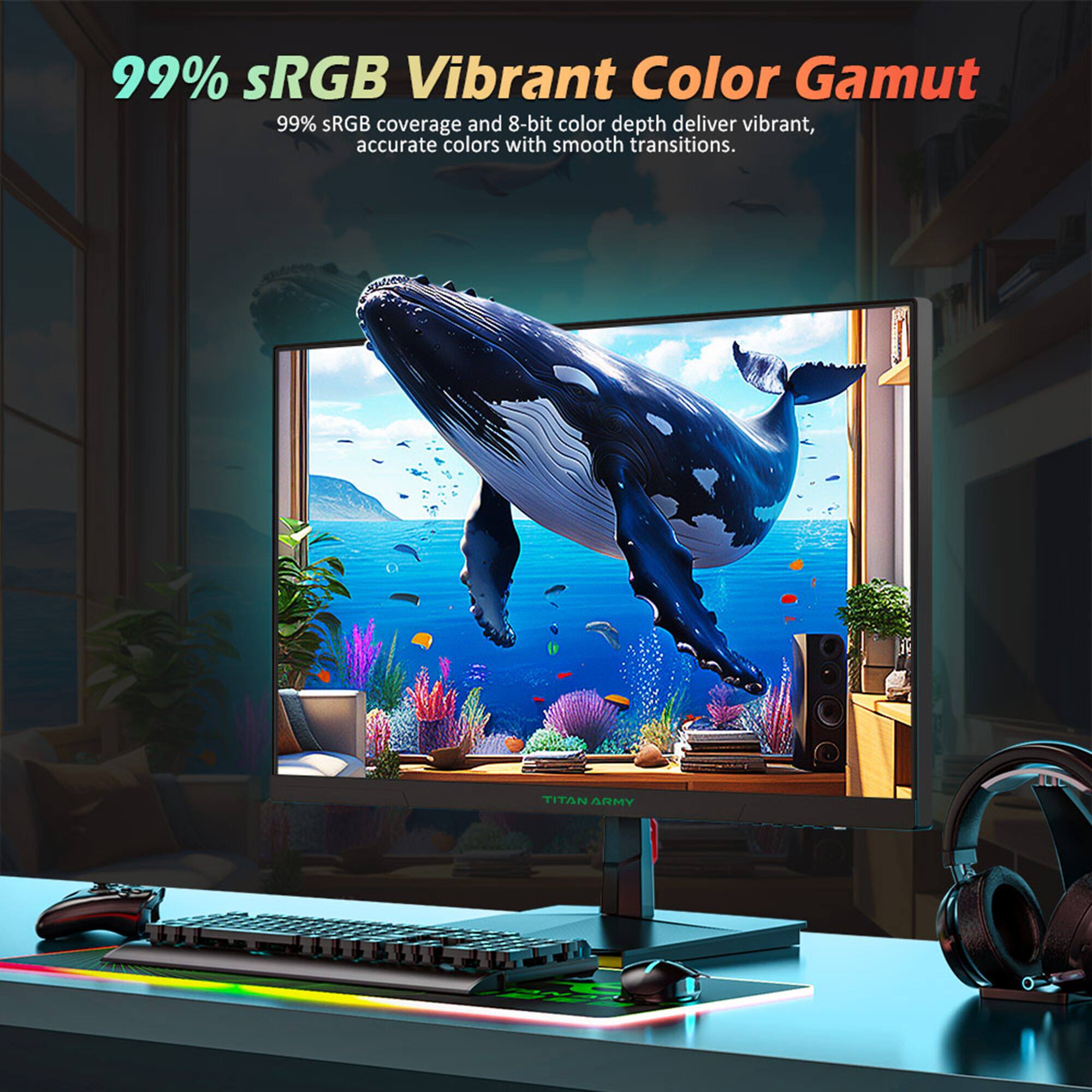 99% SRGB Vibrant Color Gamut: 99% sRGB coverage and 8-bit color depth deliver vibrant, accurate colors with smooth transitions.
