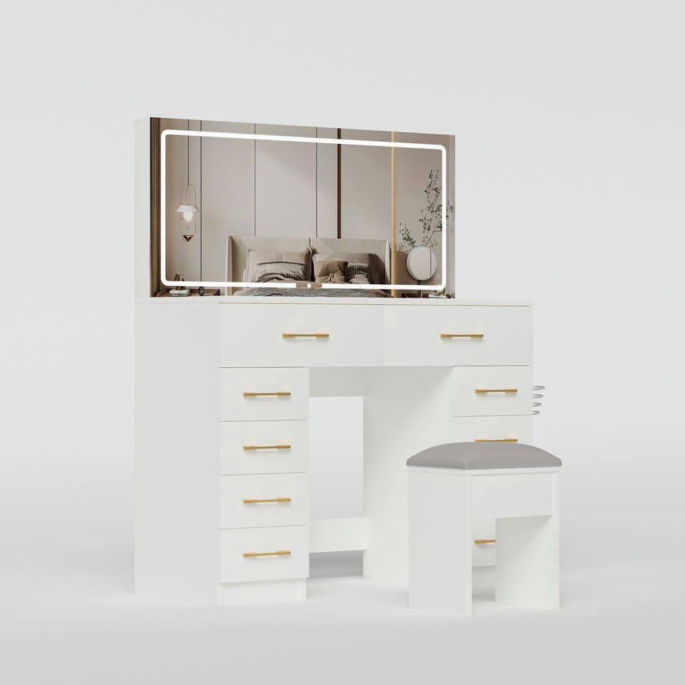 Angle. Kadyn - 46-Inch Makeup Vanity with 10 Drawers, Mirror and Stool - White - White.
