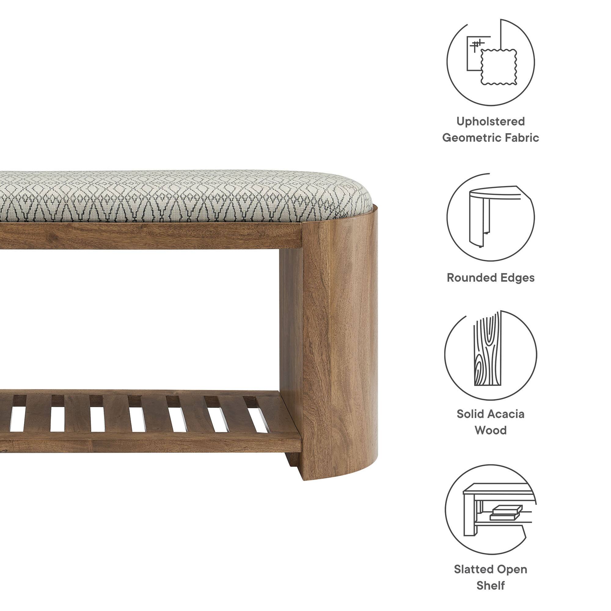 - Upholstered Geometric Fabric
- Rounded Edges
- Solid Acacia Wood
- Slatted Open Shelf