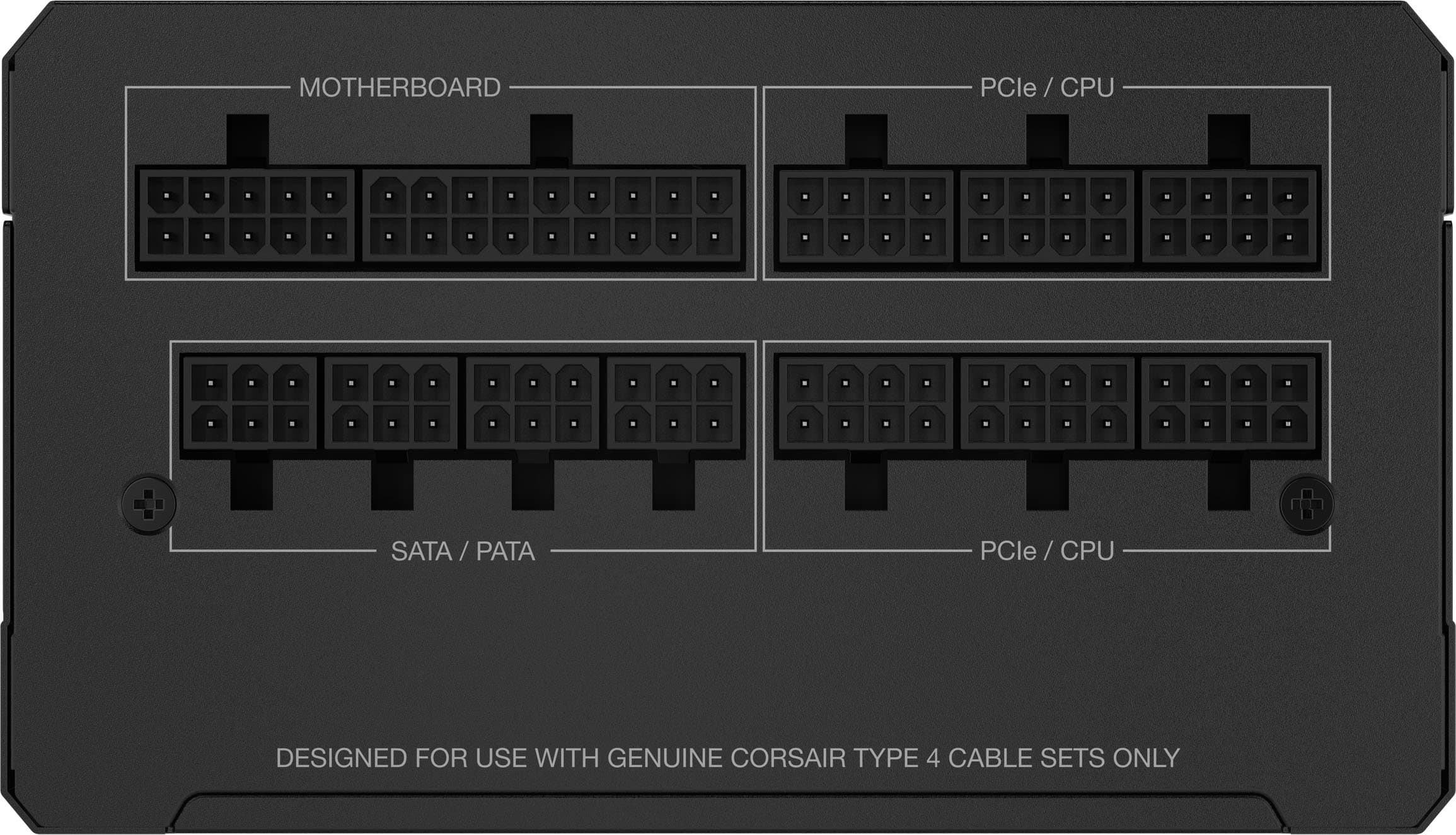 The image features a motherboard with a variety of ports, including PCIe, SATA, and PATA. It is designed for use with genuine Corsair Type 4 cable sets only.