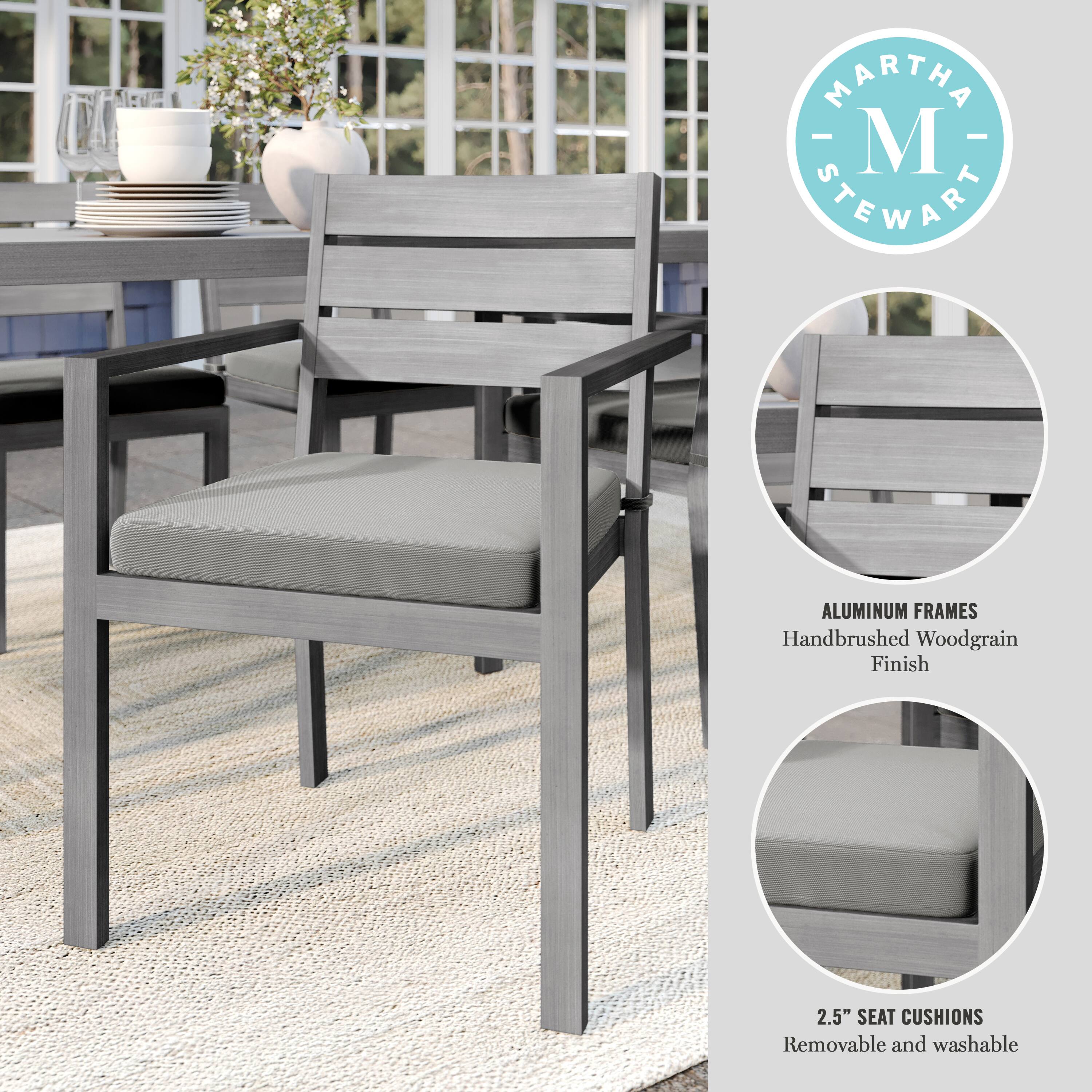 The text on the image reads: "Martha - M Stewart Aluminum Frames Handbrushed Woodgrain Finish 2.5" Seat Cushions Removable and Washable."