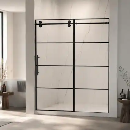 Front. RYHNUYNE - 56-60 In W X 72 In H Frameless Sliding Shower Door, 5/16 In Clear Tempered Glass With Matte Black Handles - Matte Black.