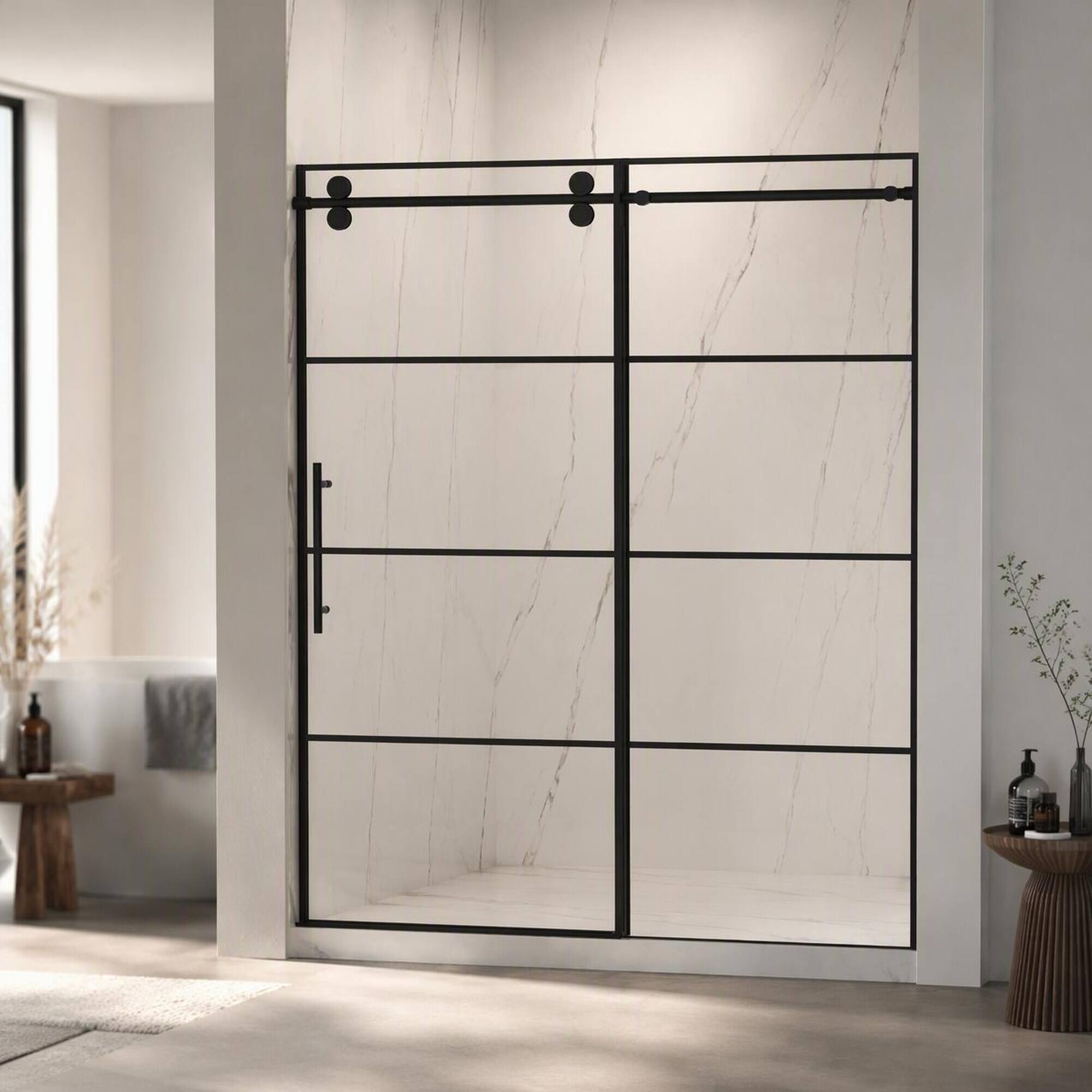Front. RYHNUYNE - 56-60 In W X 72 In H Frameless Sliding Shower Door, 5/16 In Clear Tempered Glass With Matte Black Handles - Matte Black.