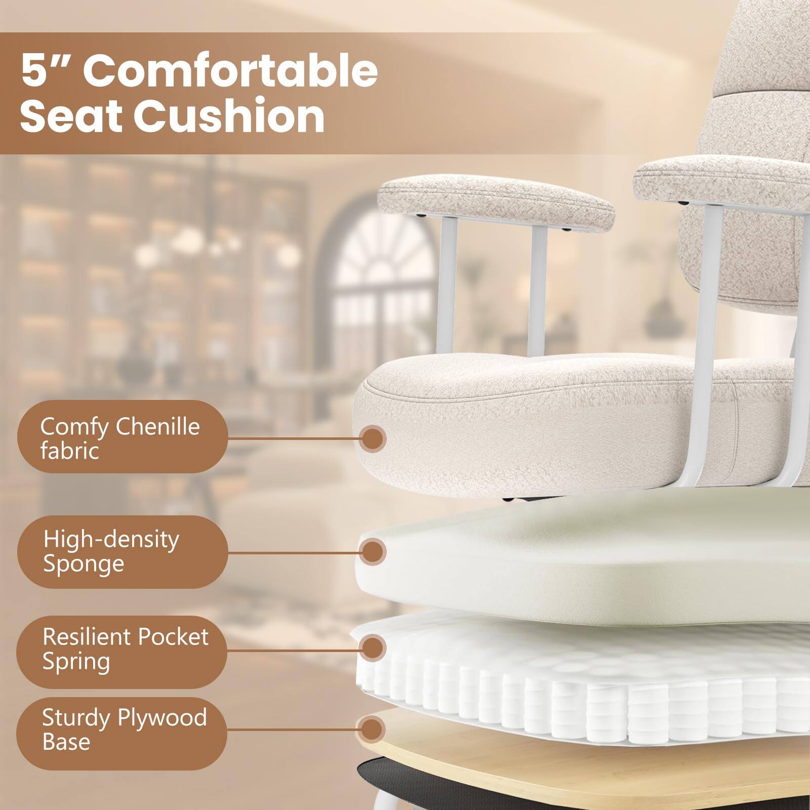 5" Comfortable Seat Cushion

- Comfy Chenille fabric
- High-density Sponge
- Resilient Pocket Spring
- Sturdy Plywood Base