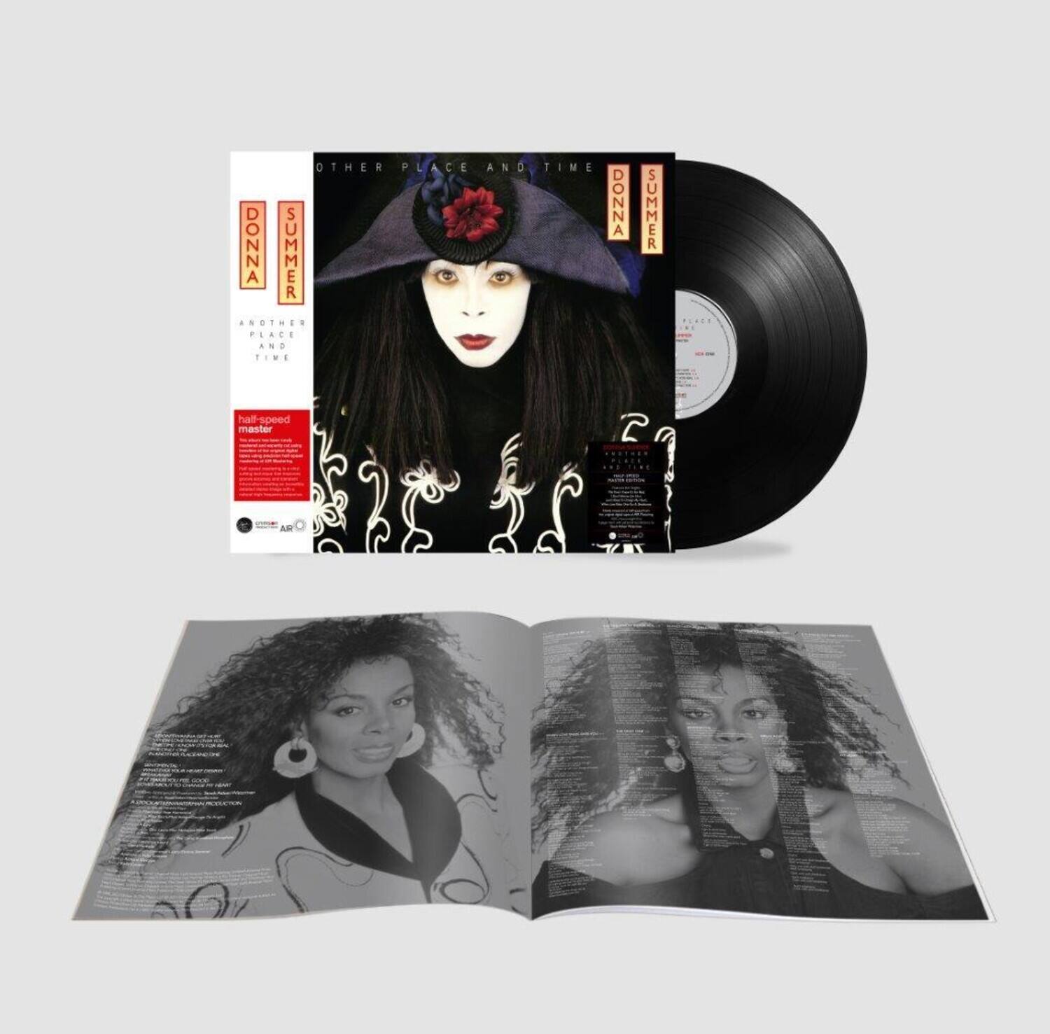 **Front Cover:**

- DONNA SUMMER
- OTHER PLACE AND TIME
- half-speed master
- 180g Vinyl
- 2LP
- 45RPM
- 180g Vinyl
- 2LP
- 45RPM

**Spine:**

- DONNA SUMMER
- OTHER PLACE AND TIME

**Back Cover:**

- DONNA SUMMER
- OTHER PLACE AND TIME
- half-speed master
- 180g Vinyl
- 2LP
- 45RPM

**Inner Sleeve:**

- DONNA SUMMER
- OTHER PLACE AND TIME

**LP Label:**

- DONNA SUMMER
- OTHER PLACE AND TIME

**Booklet:**

- (Text is too small to read clearly, but it appears to be lyrics and credits related to the album "Other Place and Time" by Donna Summer.)