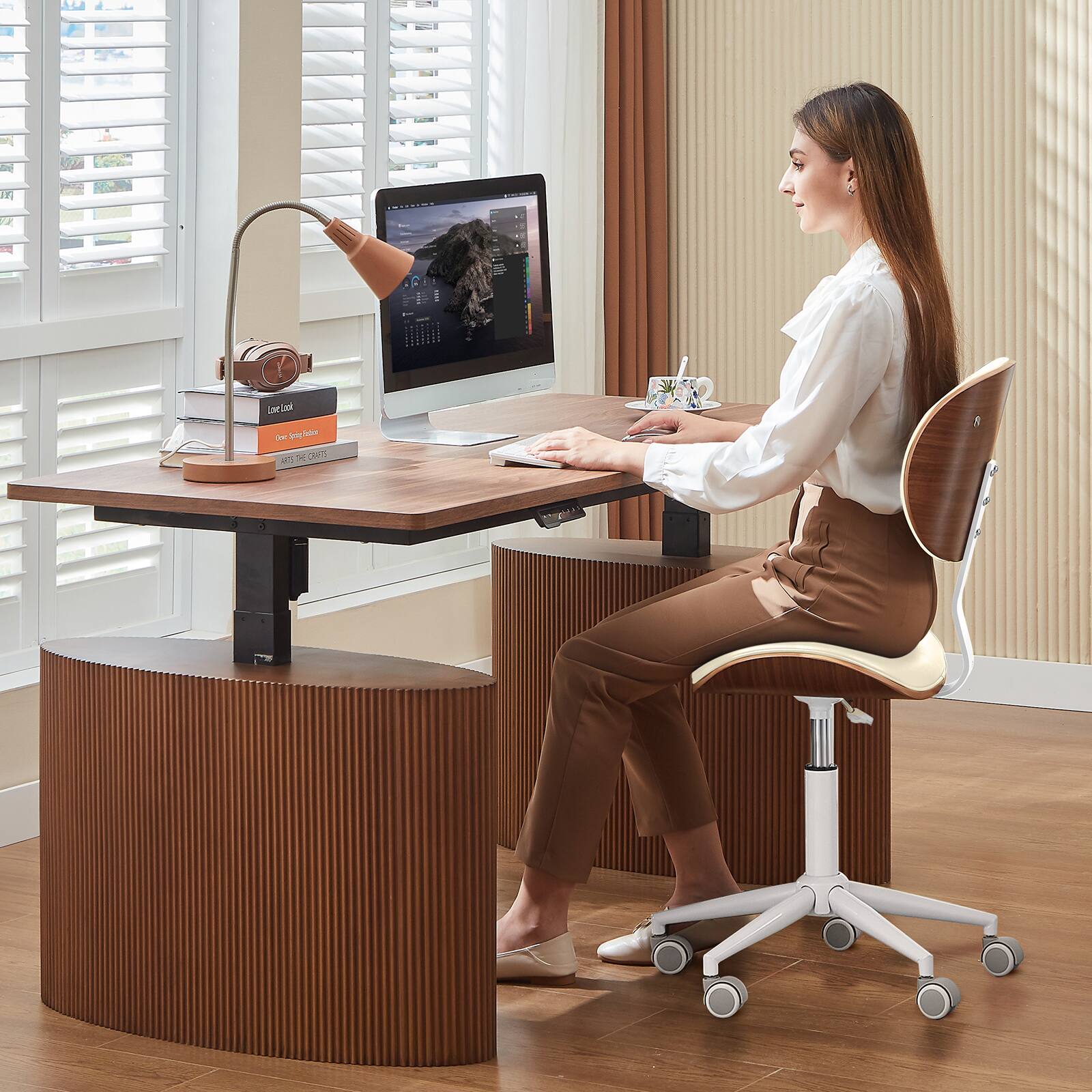 Bestier - Cross-Legged Bentwood Office Chair - Armless Ergonomic Design, Adjustable Height with Lumbar Support, PU Leather - White