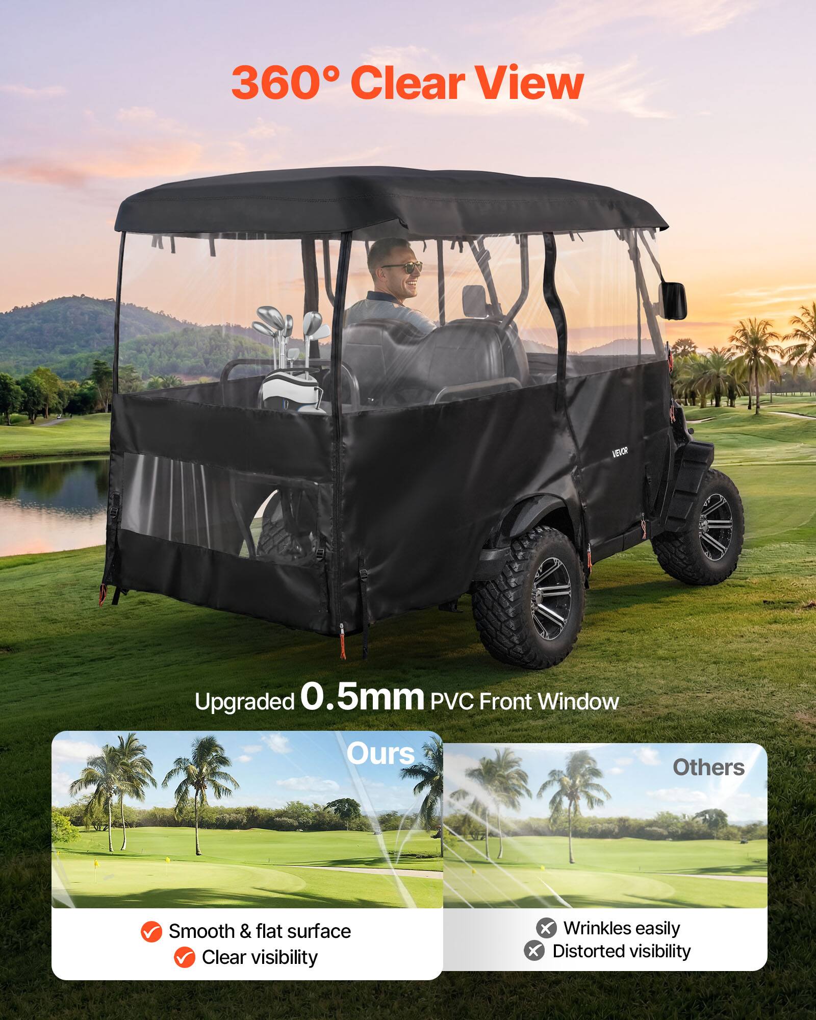 360° Clear View

MEVRR Upgraded 0.5mm PVC Front Window

Ours
- Smooth & flat surface
- Clear visibility

Others
- Wrinkles easily
- Distorted visibility