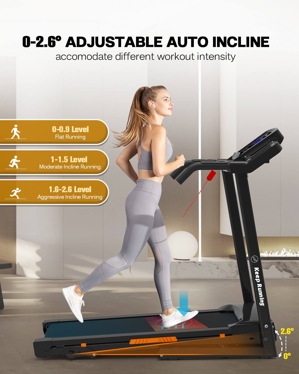 0-2.6° ADJUSTABLE AUTO INCLINE  
accommodate different workout intensity

0-0.9 Level  
Flat Running

1-1.5 Level  
Moderate Incline Running

1.6-2.6 Level  
Aggressive Incline Running

Keep Running