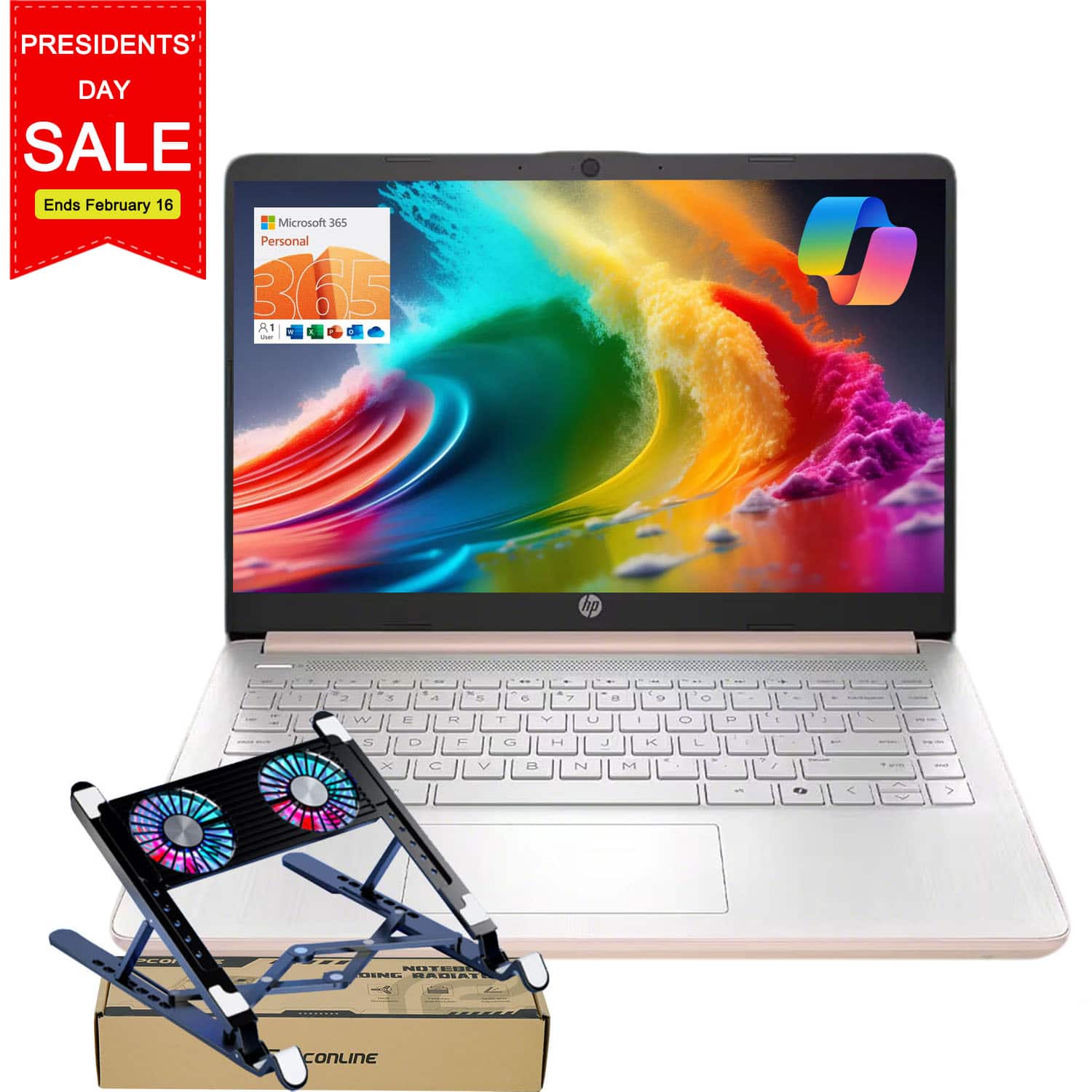 HP - 14" HD Laptop - Intel Quad-Core Processor - 16GB RAM - 128GB eMMC - Copilot & 1-Yr Office 365 - PCO Laptop cooler - Rose