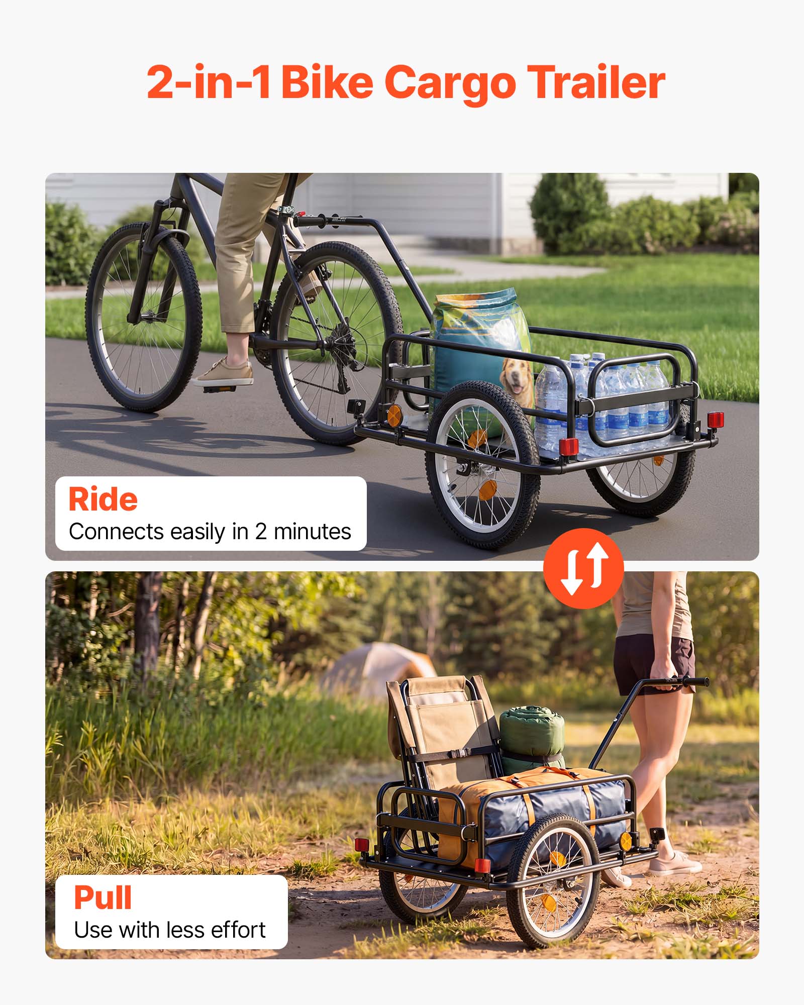 2-in-1 Bike Cargo Trailer

Ride
Connects easily in 2 minutes

Pull
Use with less effort