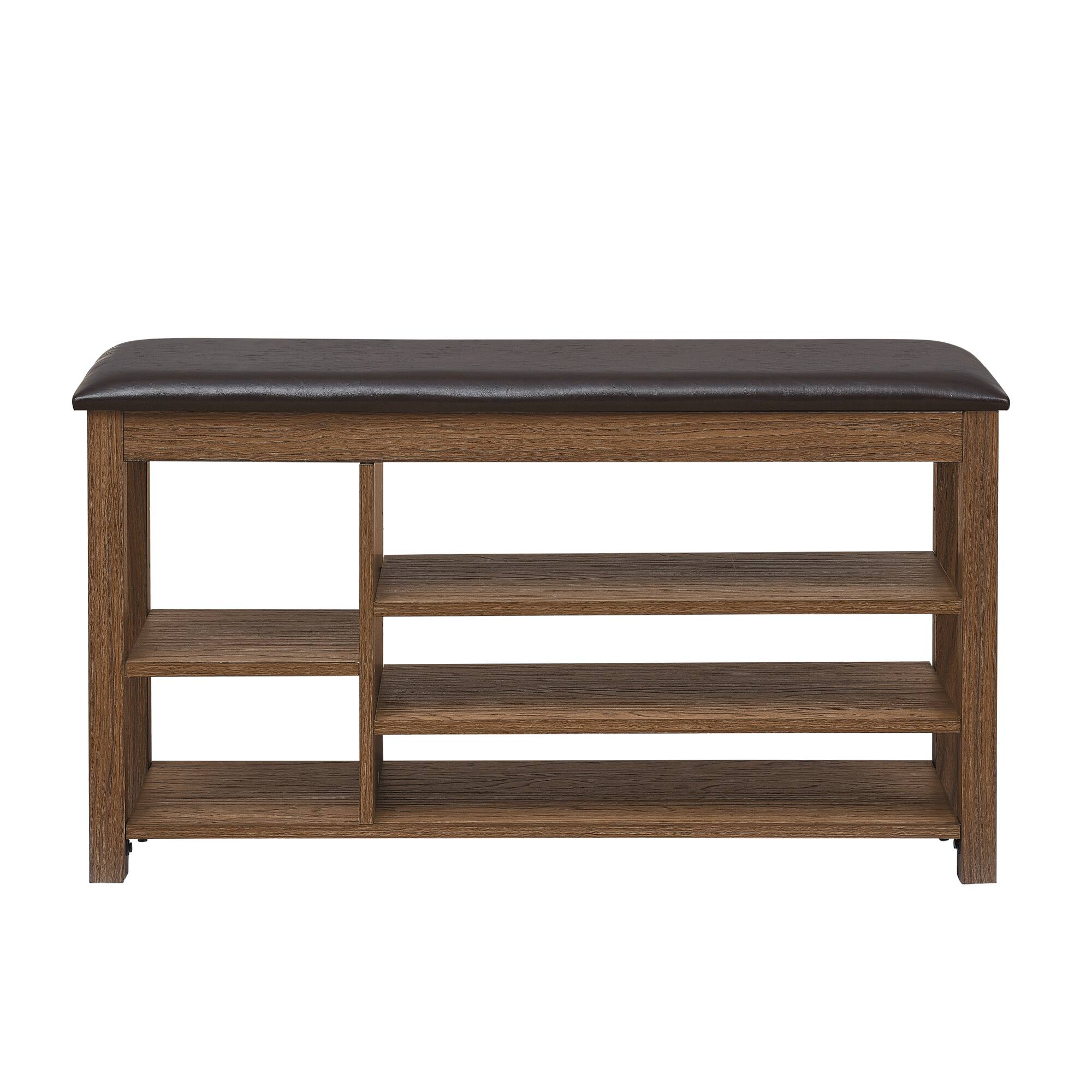 Back. Whisen - Height-Adjustable Shoe Storage Bench with Hidden Compartment, Long Entryway Bench with Cushion - Brown.