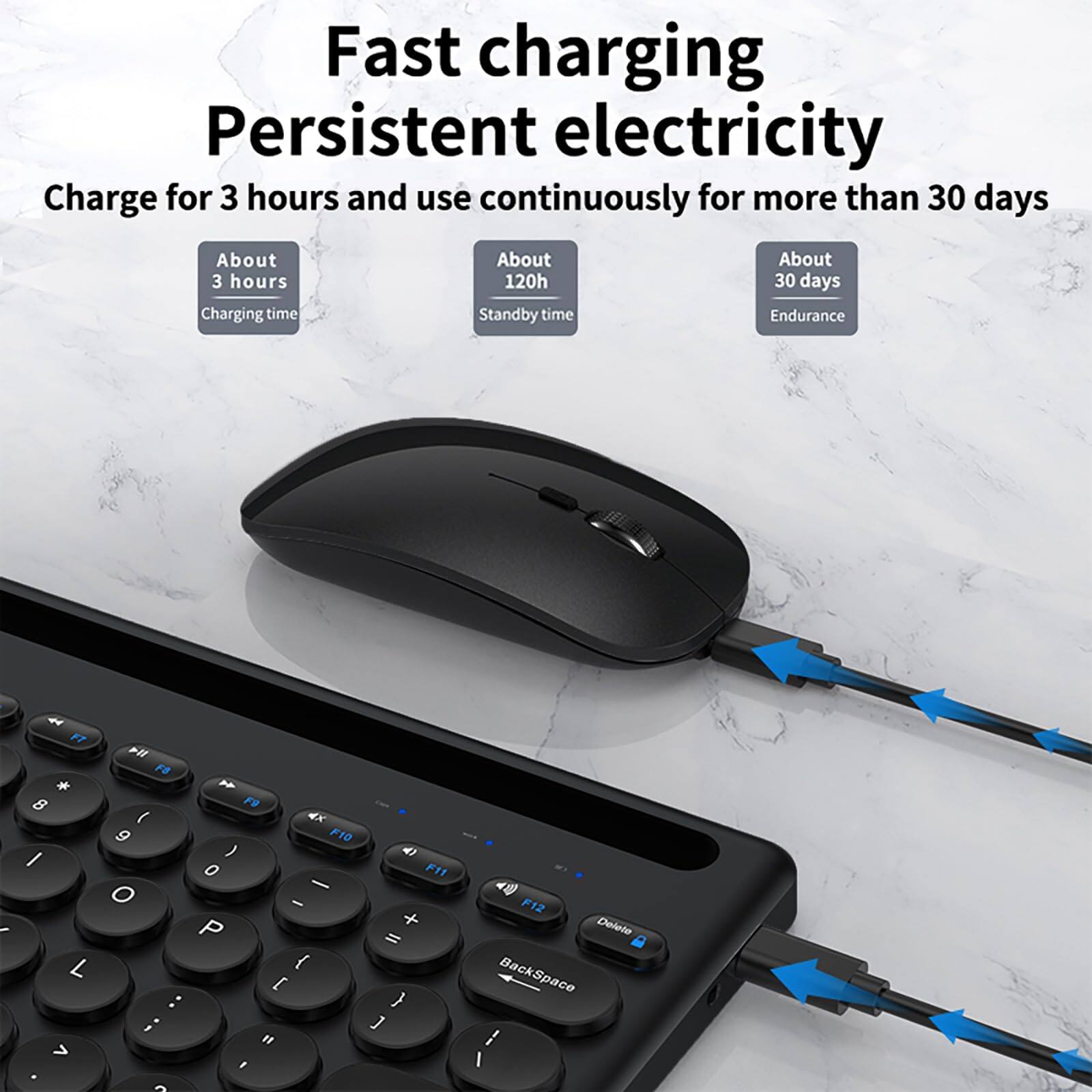 Fast charging  
Persistent electricity  
Charge for 3 hours and use continuously for more than 30 days  

About 3 hours  
Charging time  

About 120h  
Standby time  

About 30 days  
Endurance