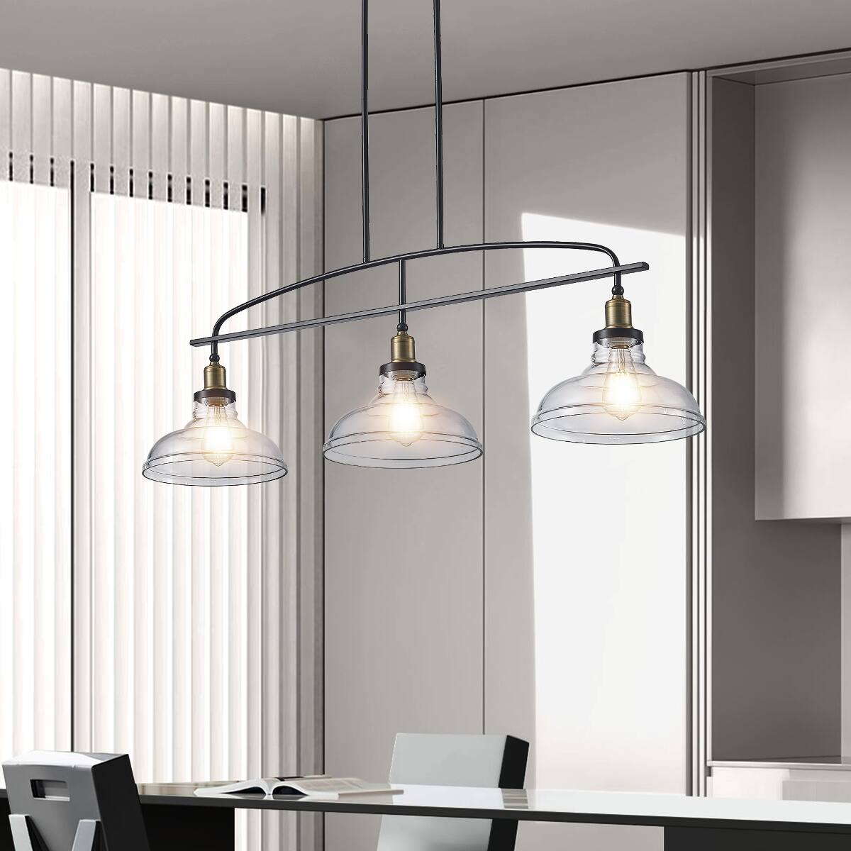 Angle. Loheer - Loheer 3 Light Pendant Chandelier with Clear Glass Shades Black Metal Frame Adjustable Height.